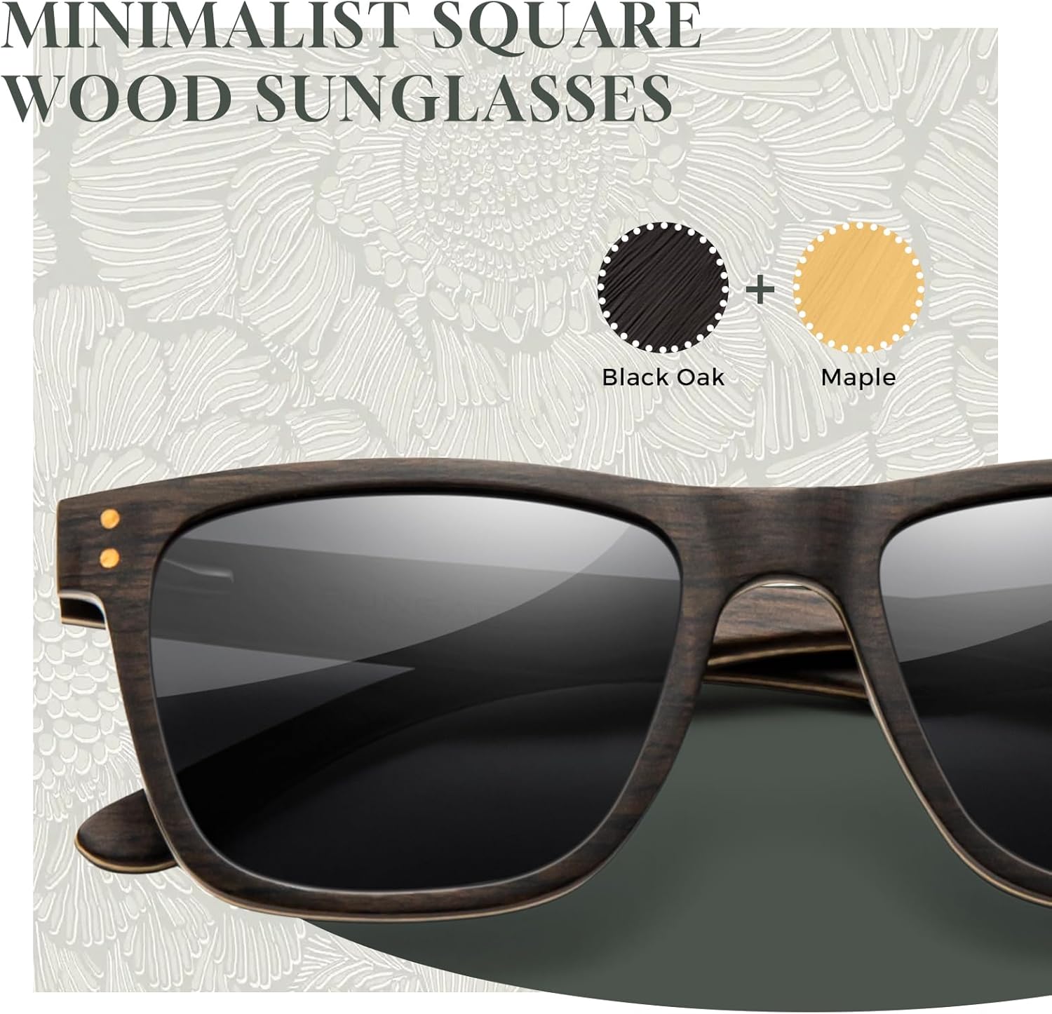 SUNGAIT Black Oak & Dark Ebony Wood Sunglasses Mens Womens Square Polarized All-Wood Sun Glasses UV400 Protection with Case
