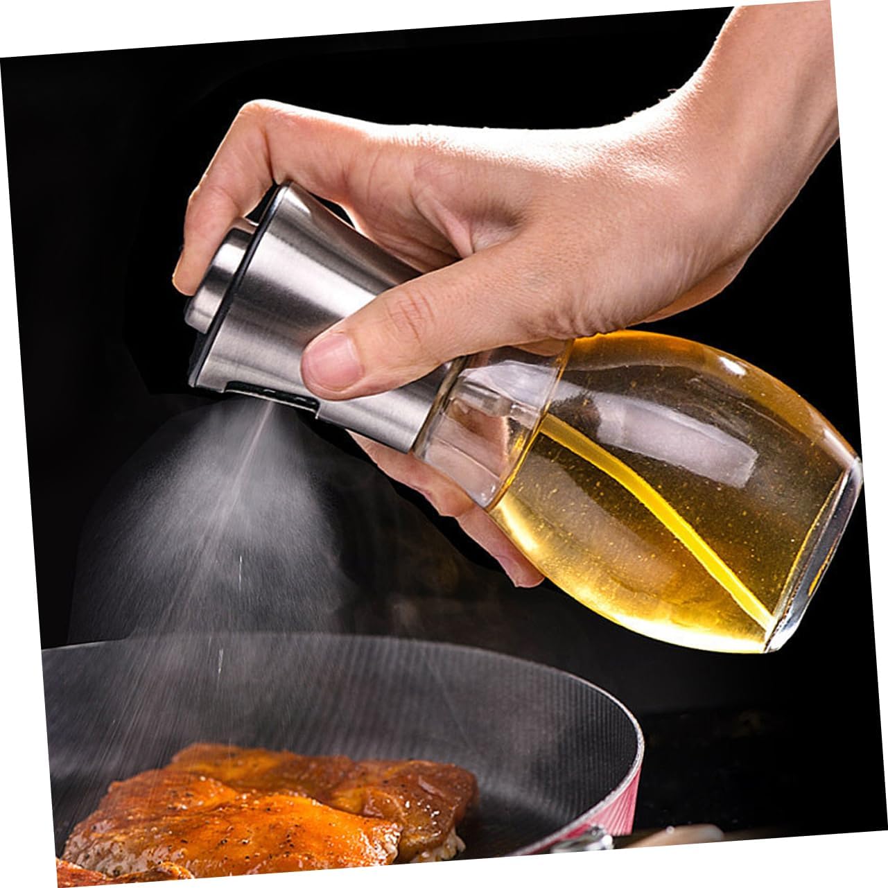 SOLUSTRE 200ML Stainless Steel Oil Spray Bottle Refillable Olive Oil Dispenser Adjustable Nozzle for BBQ Cooking and Marinades for Vinegar and Soy Sauce