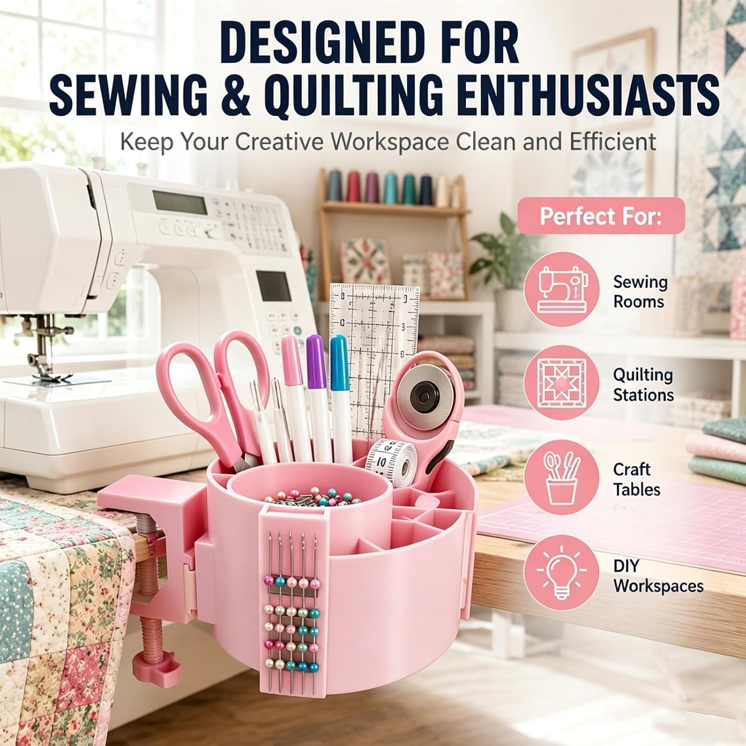 Sewing Table Organizer, Craft Table Clamp Organizer with Magnetic Pin Holder, Adjustable Clamp-On Sewing Notions Organizer for Scissors, Seam Ripper, Quilting Tools & Sewing Accessories