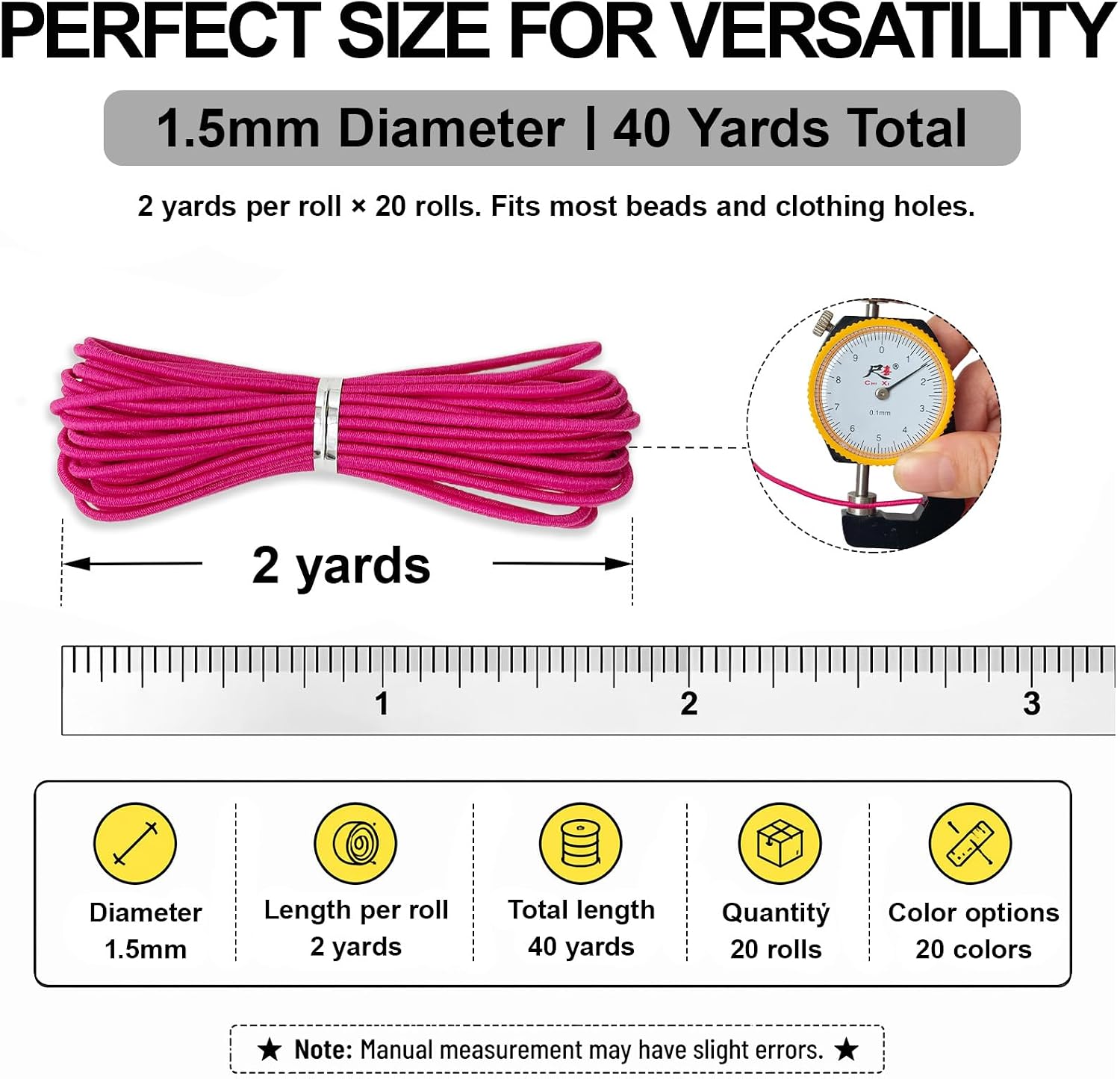 1.5mm Elastic Cord 40Yds 20 Colors Stretchy Beading Thread for Jewelry | Sturdy 1.5mm nylon cord, 40yds, 20 colors. w/scissors+threaders. For seed beads, pearls, bracelets, macrame & crafts