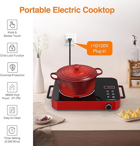 Miniatura 3 de VBGK Placa de cocina eléctrica, 1800 W con 2 asas, placa eléctrica para cocinar, estufa eléctrica con 9 niveles de potencia, temporizador de 4 horas