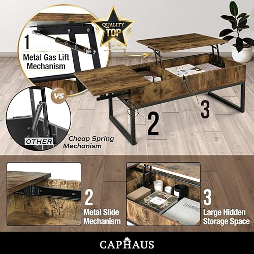 Miniatura 6 de CAPHAUS Mesa de centro elevable con compartimento oculto y cajón deslizante, mesa elevadora para almacenamiento de sala de estar, 41 pulgadas,