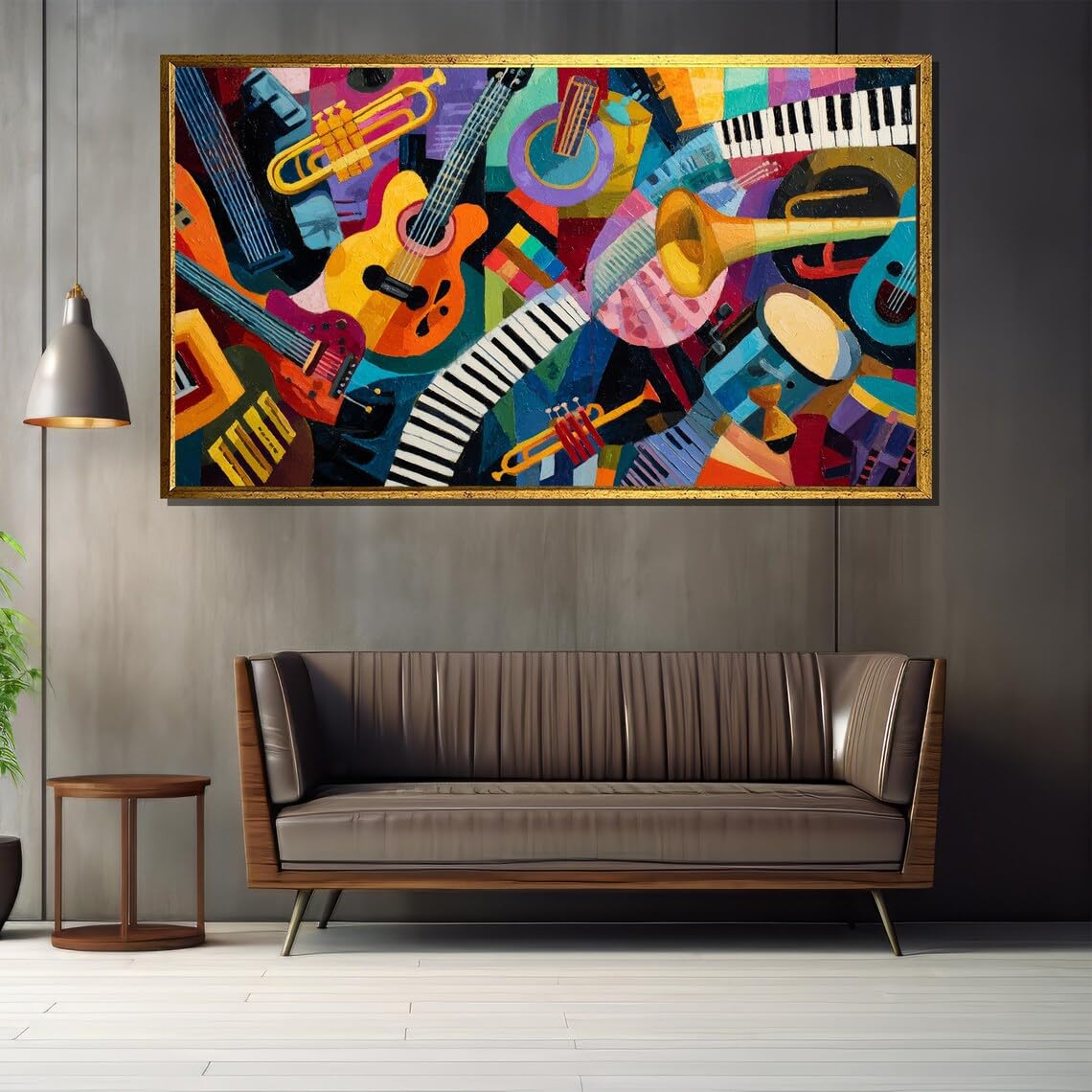XINBAO Quadro su tela con strumenti musicali jazz, raffigurante chitarra, pianoforte, tromba e batteria, ideale per arredare il soggiorno o lo studio (70x110 cm/cornice interna).