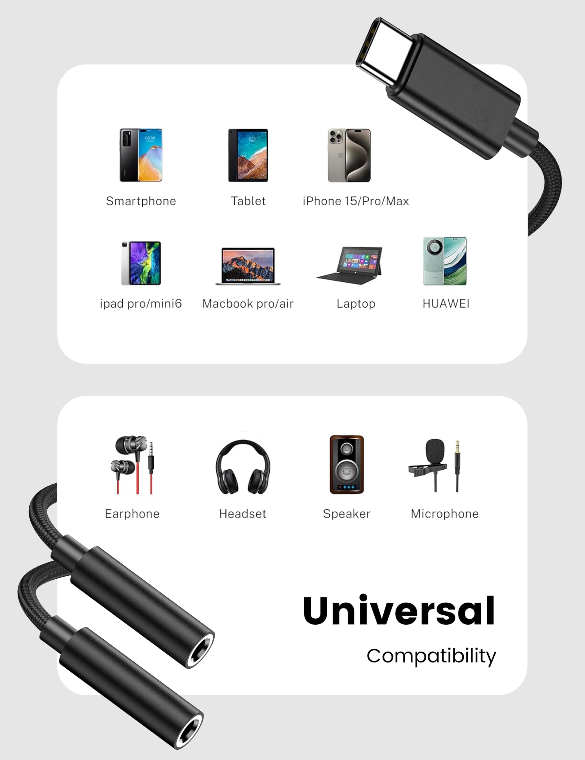 Kopfhöreradapter Typ C auf Dual 3,5 mm Buchse, USB C auf Dual Buchse Aux Y-Buchse, Kopfhörer-Splitter, Aux auf USB C für Galaxy S24/23 Ultra, Pixel 7 6, iPad Pro, iPhone 15 Pro Max/Plus, Schwarz