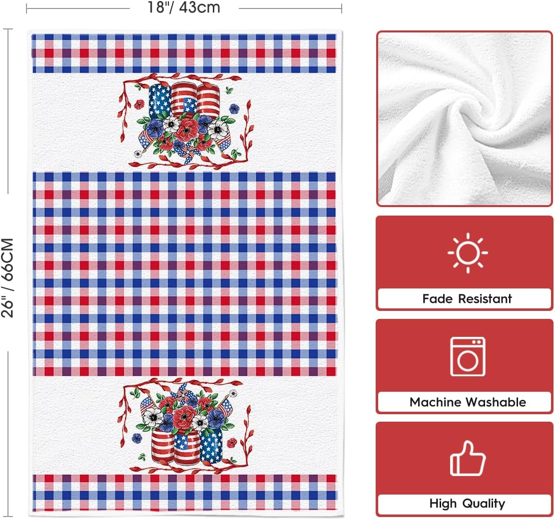 Artoid Mode Colorful Checkered Vase Floral 4th of July Kitchen Towels Dish Towels, 18x26 Inch Independence Day Decoration Cleaning Set of 2