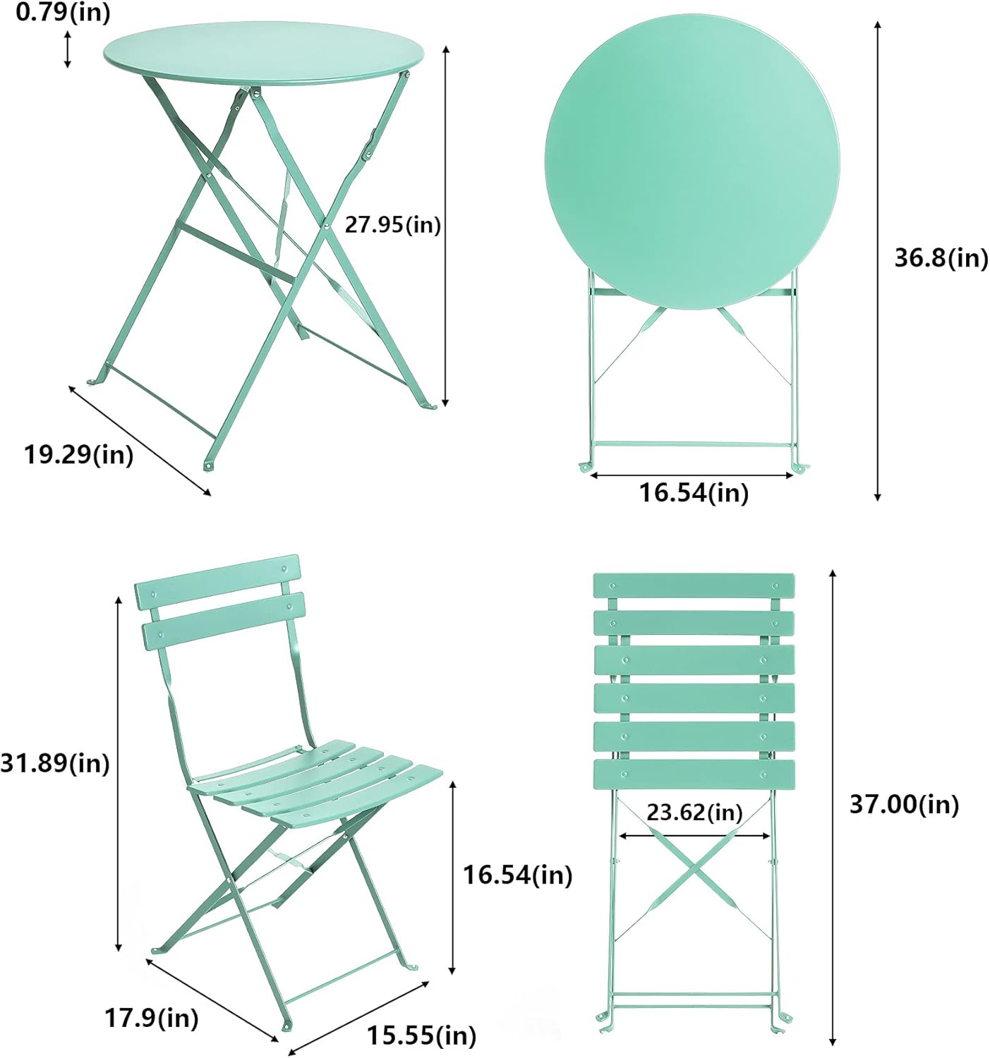 Meluvici Steel Patio Bistro Set 3 Pieces Outdoor Folding Metal Patio Furniture Sets 2 Chairs and 1 Table,Mint Green : Patio, Lawn & Garden