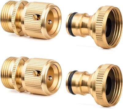 2 Sets Solid Brass Garden Hose Quick Connect Fittings - 3/4 Inch GHT Quick Connector for Water Hose & Faucet, Leak-Free Hose Quick Connect for Gardening
