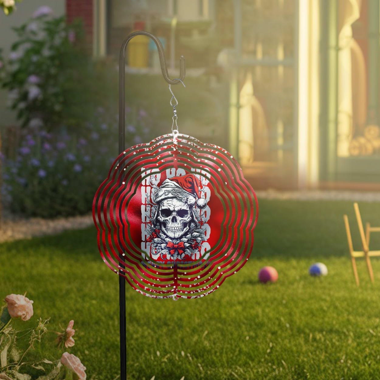 Skeleton Hohoho Merry Christmas Wind Spinners 3D Stainless Steel Laser Cut Metal Double Sided Printing-Hanging Indoor/Outdoor Decorations Yard Gardening Decor,Metal Kinetic Art 14x14 inches