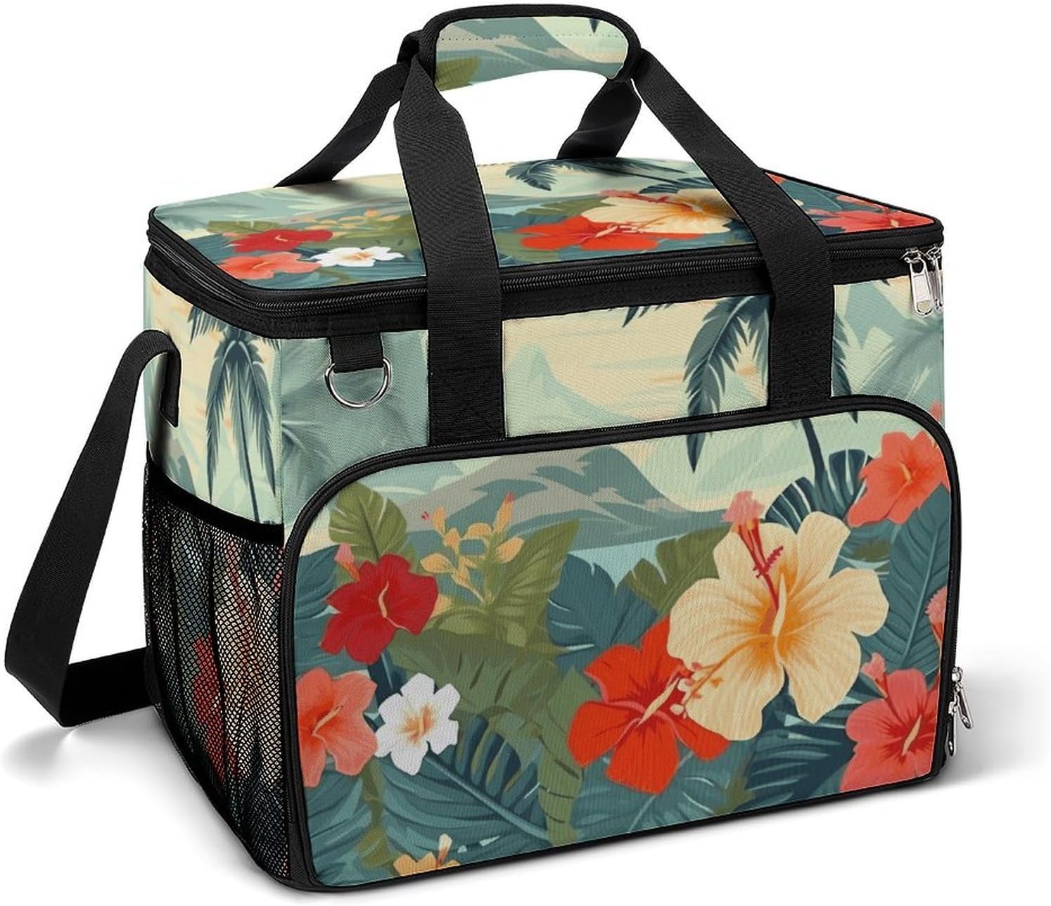 Large Capacity Oxford Cloth Summer Hawaiian Printed Camping Ice Bag, Outdoor Portable Insulation and Cooling Bag, Suitable for Outdoor Camping and Picnics