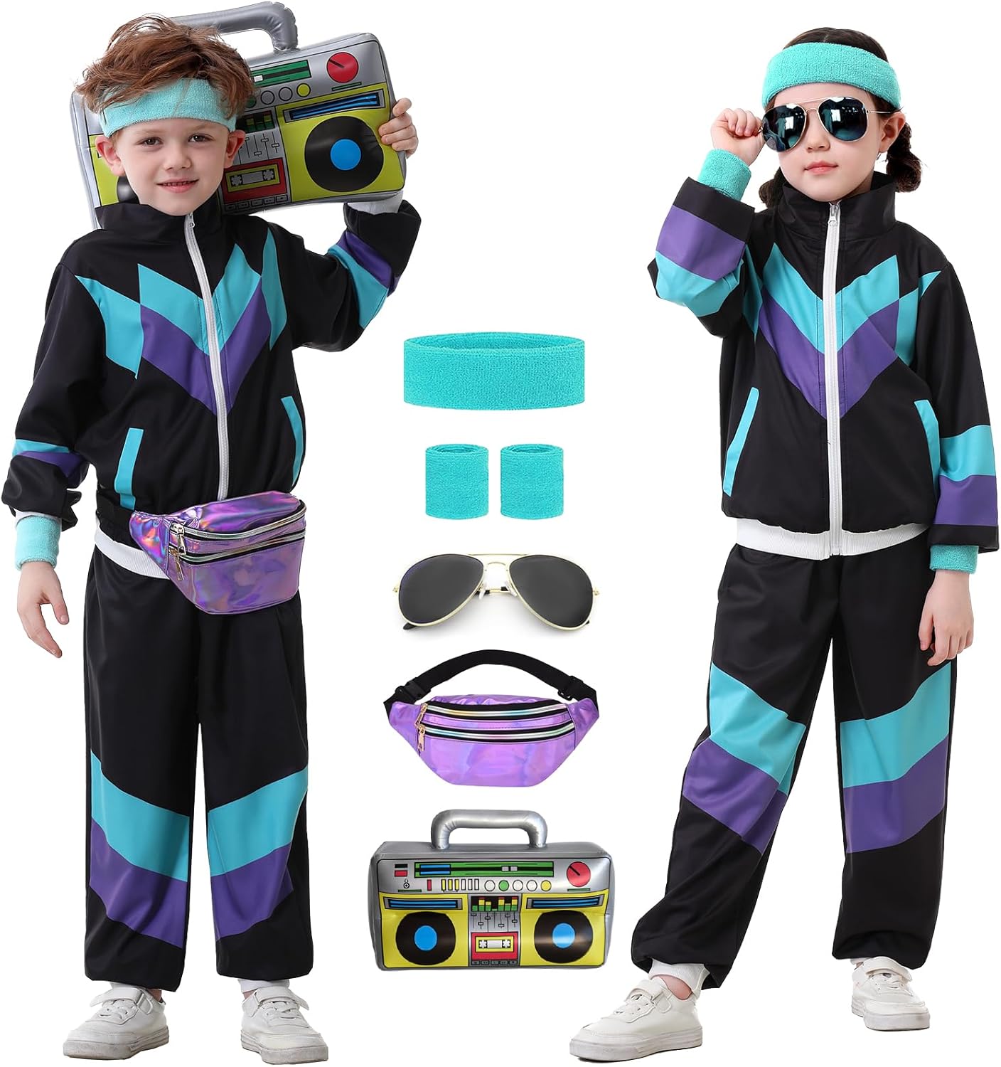 Ezuwail Kids 80s 90s Tracksuit Outfit for Boys Girls 6Pcs Unisex Retro Windbreaker Toddler Workout Hip Hop Dance Costume
