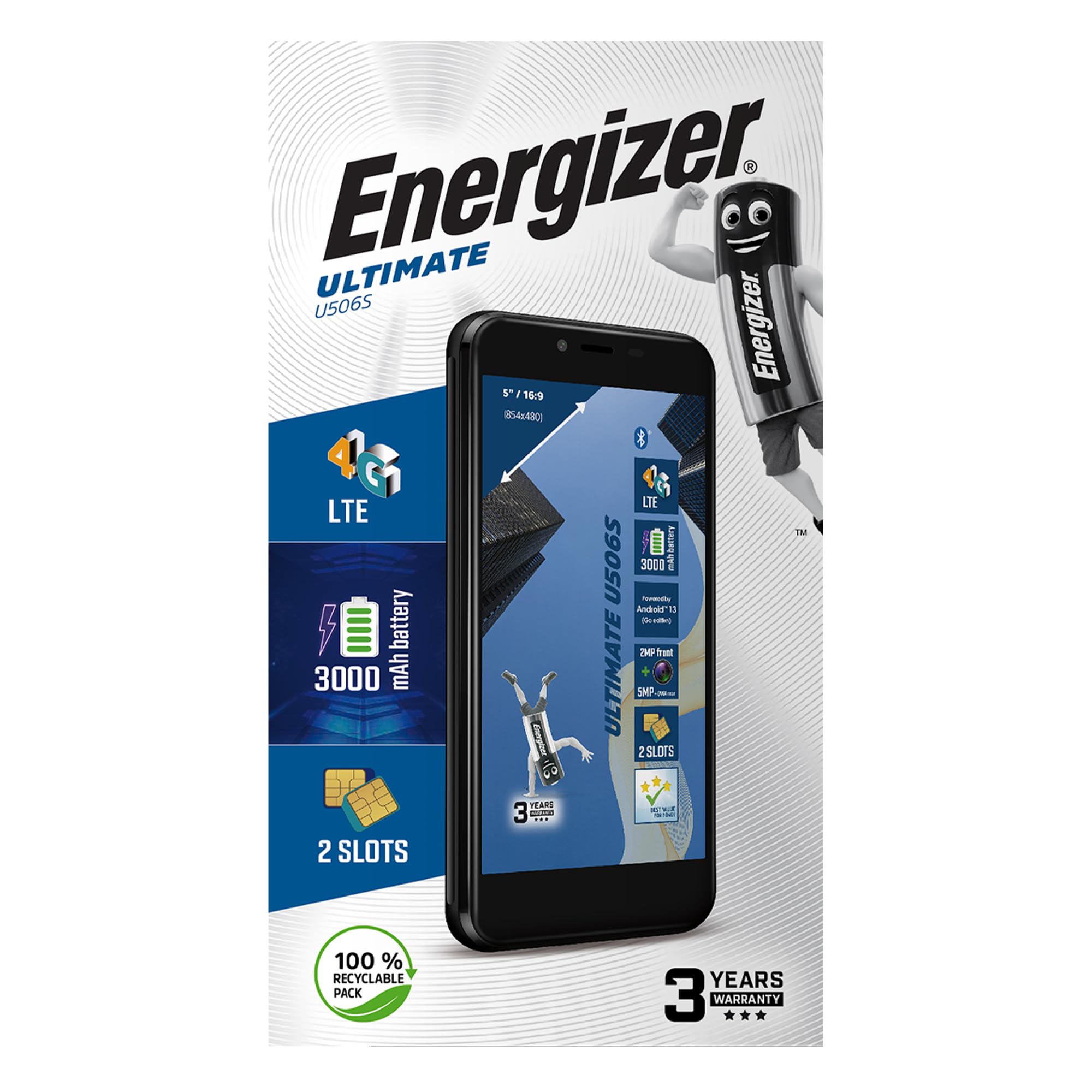 Energizer U506S smartfon (2 GB RAM, 32 GB ROM), wyświetlacz 5 cali, bateria 3000 mAh, aparat 5 MP+QVGA z tyłu/2 MP z przodu, Android 13 GB, kolor czarny