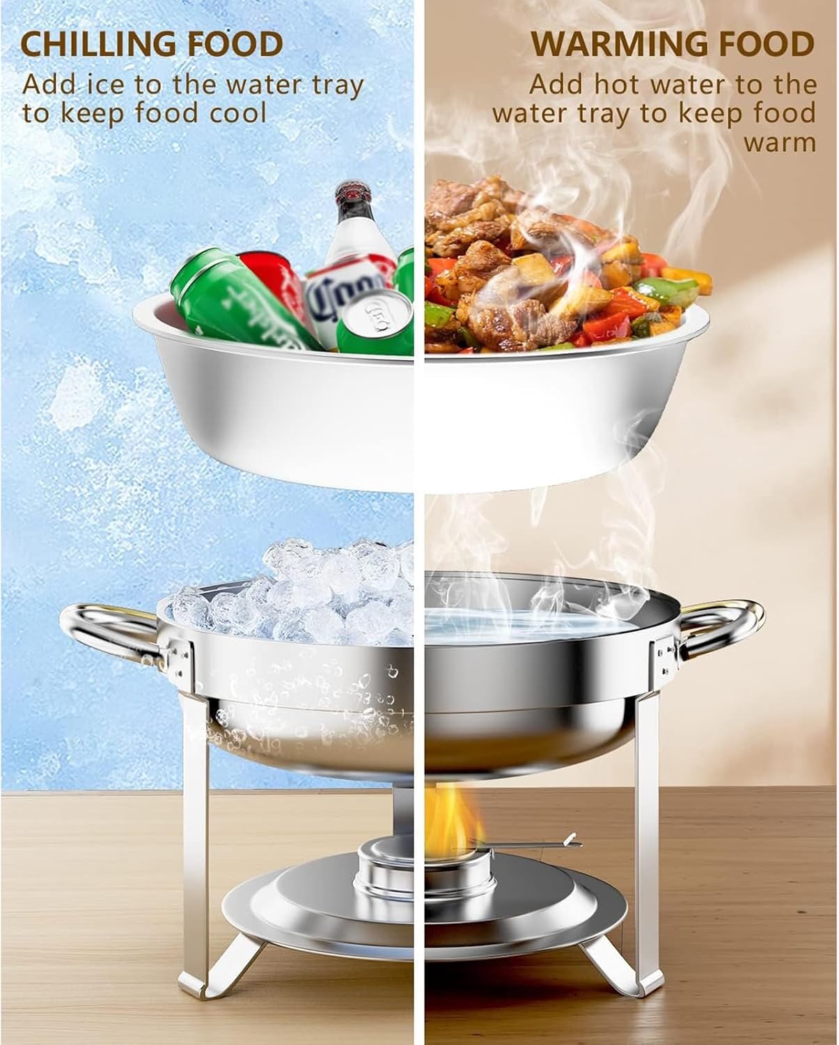 Buffet Hot Pot 2-Piece Set, Round Stainless Steel Buffet Warming Plate, Suitable for Parties, Events and Weddings, Indoor and Outdoor
