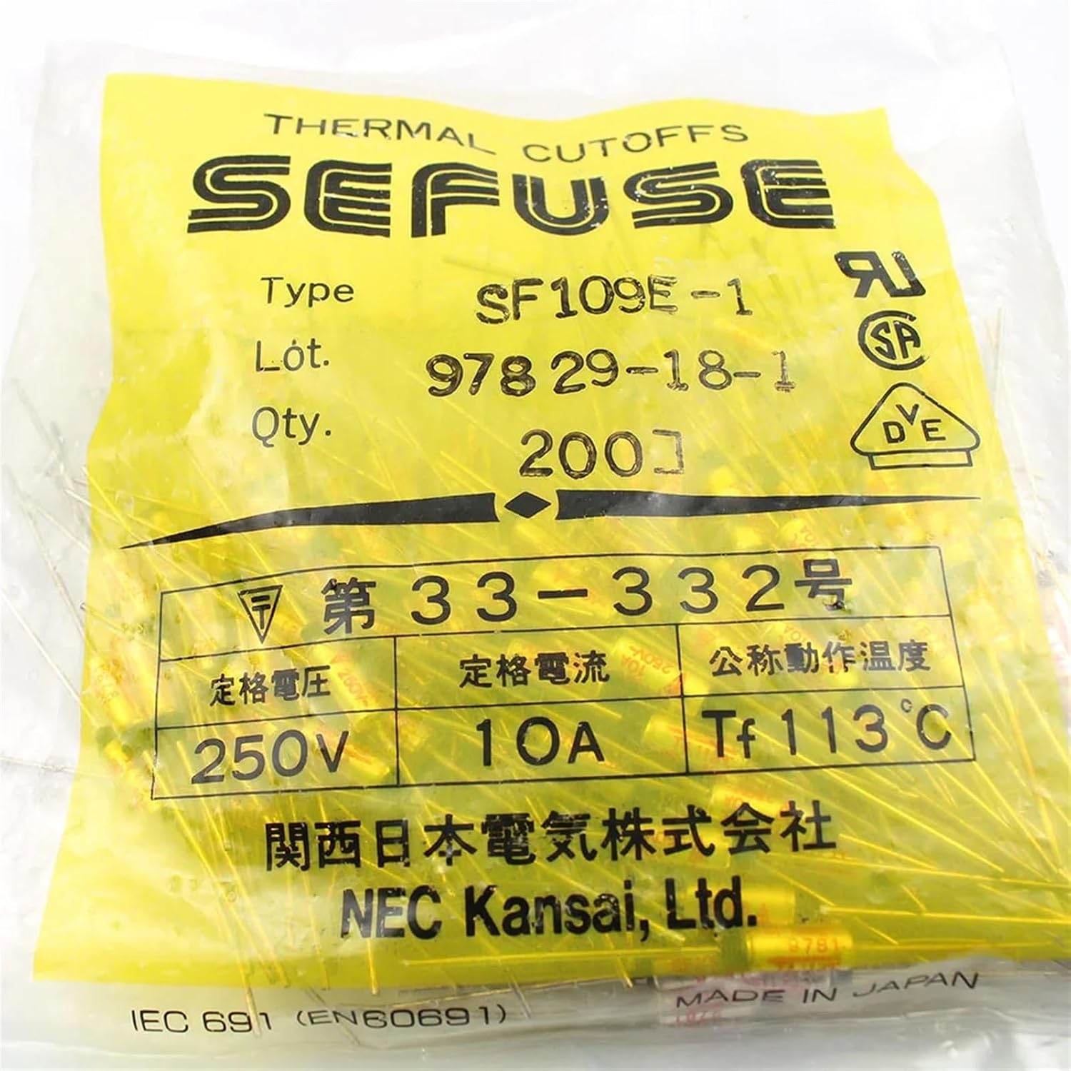 10pcs Thermal Fuse SF109E-1 113C 113 Celsius Degree TF Cutoff 10A 250V SF Temperature Axial Lead Links