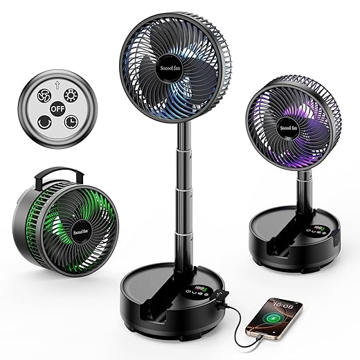 Socool 20000mAh Portable Fan Foldable Wireless Battery Rechargeable with 8-Speed & 112H, 90° Osciliating Floor Standing Fan Remote, Desk Fan with 8H Timer & LED Light for Home Kitchen Travel Camping