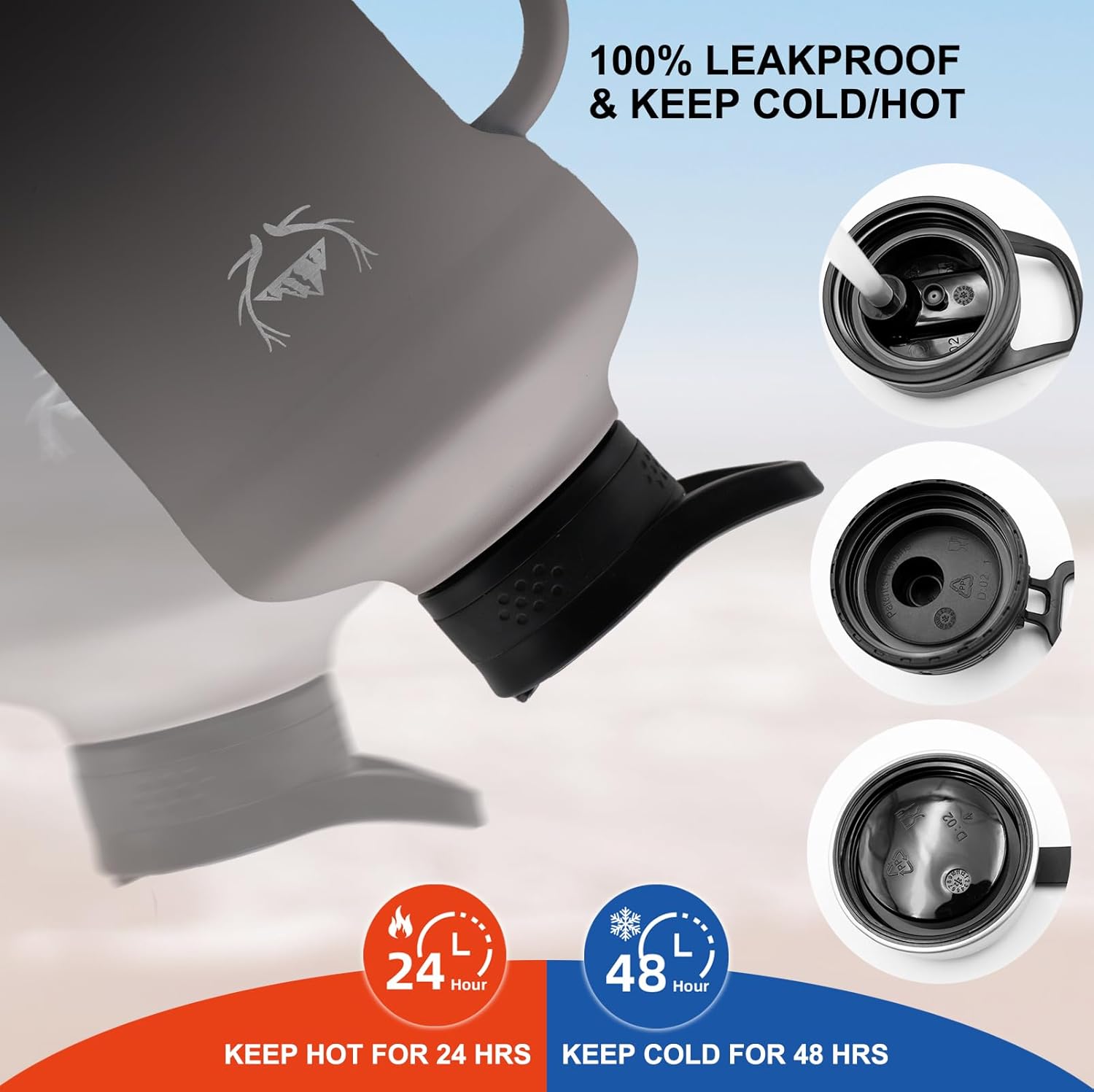 NATURE PIONEOR 64oz Insulated Water Bottle with Handle,Stainless Steel Half Gallon Water Bottle with Straw,Metal Large Tumbler Jug with Holder Carrier,Keep Cold Hot, Black - Image 5