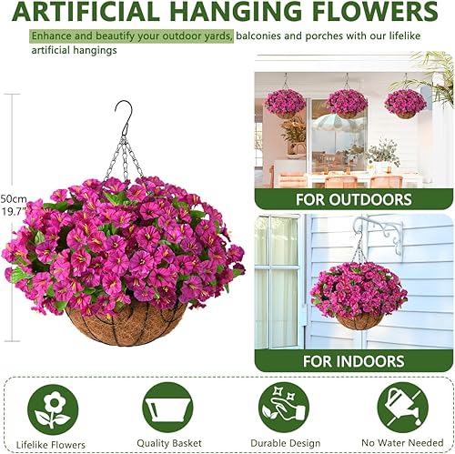 Miniatura 8 de Homsunny Flores colgantes artificiales en canasta, flor de seda con centros de mesa de maceta de 12 pulgadas, plantas colgantes falsas con forro de