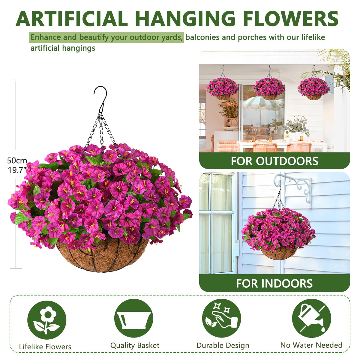 Cesto Appeso Con Fiori Artificiali Rosa – Fioriera Sospetta Con Fodera In Cocco Per Esterni – Decorazione Da Giardino, Balcone E Portico, Resistente Ai Raggi UV - 4