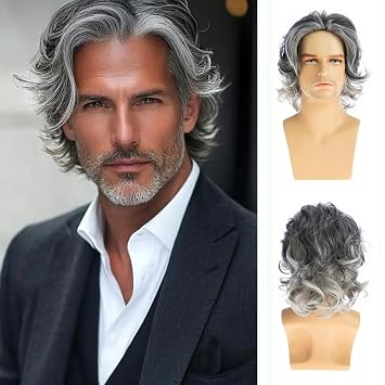 Sallcks Mens Grey Wig Short Layered Fluffy Wig Mix Gray Natural Looking Synthetic Daily Costume Halloween Wigs
