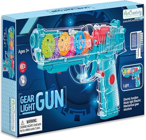Miniatura 7 de ArtCreativity Pistola de juguete con luz para niños, pistolas de juguete para niños con engranajes móviles, efectos LED y música, baterías