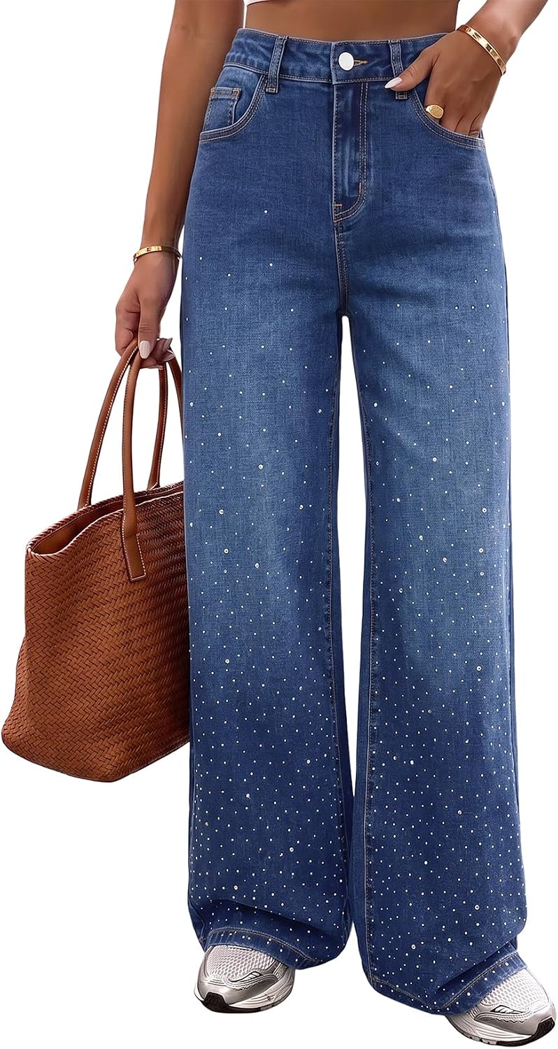 Dokotoo Womens Jeans Stretchy Wide Leg Jeans Rhinestone Trendy Denim Pants