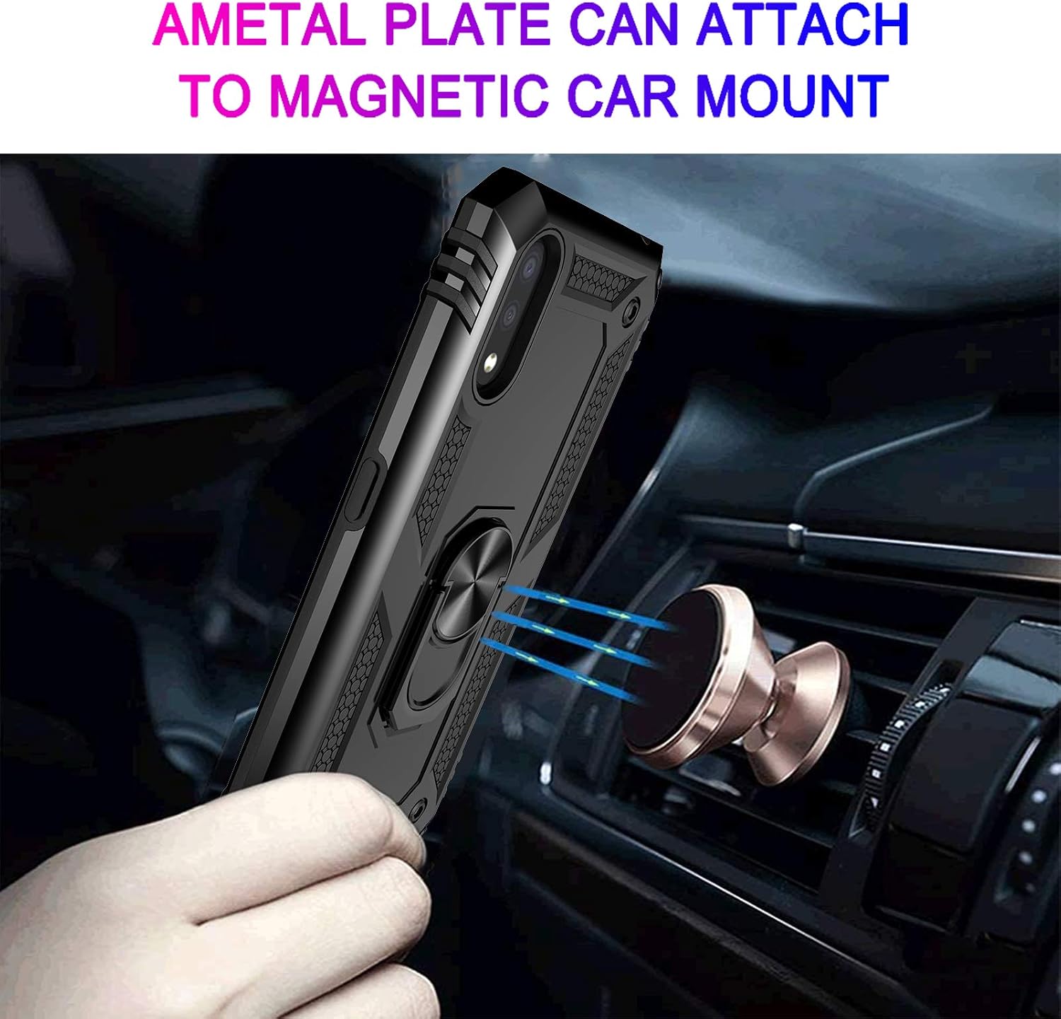 Samsung Galaxy A01 Case (US Version) with Tempered Glass Screen Protectors, Androgate Military-Grade Metal Ring Kickstand 15ft Drop Tested Shockproof Cover for Samsung Galaxy A01 Black