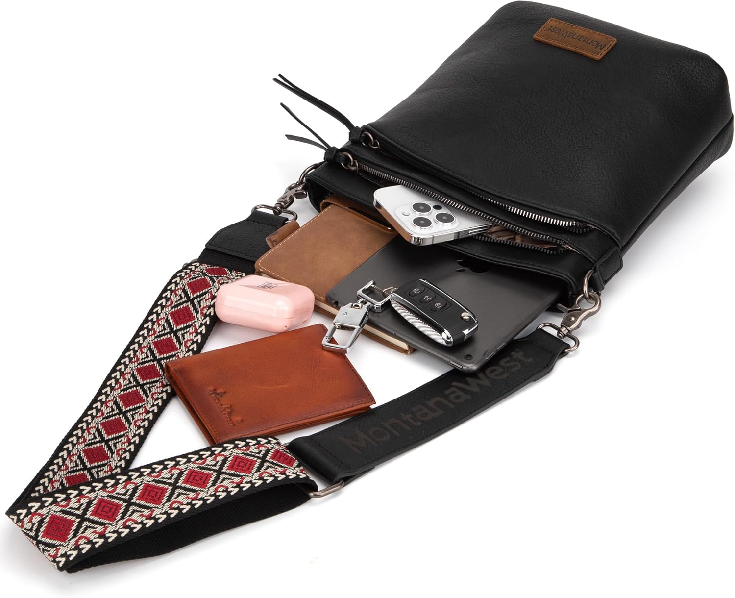 Montana West Multi Zip Pocket Large Crossbody Bag With Guitar Strap - Image 6