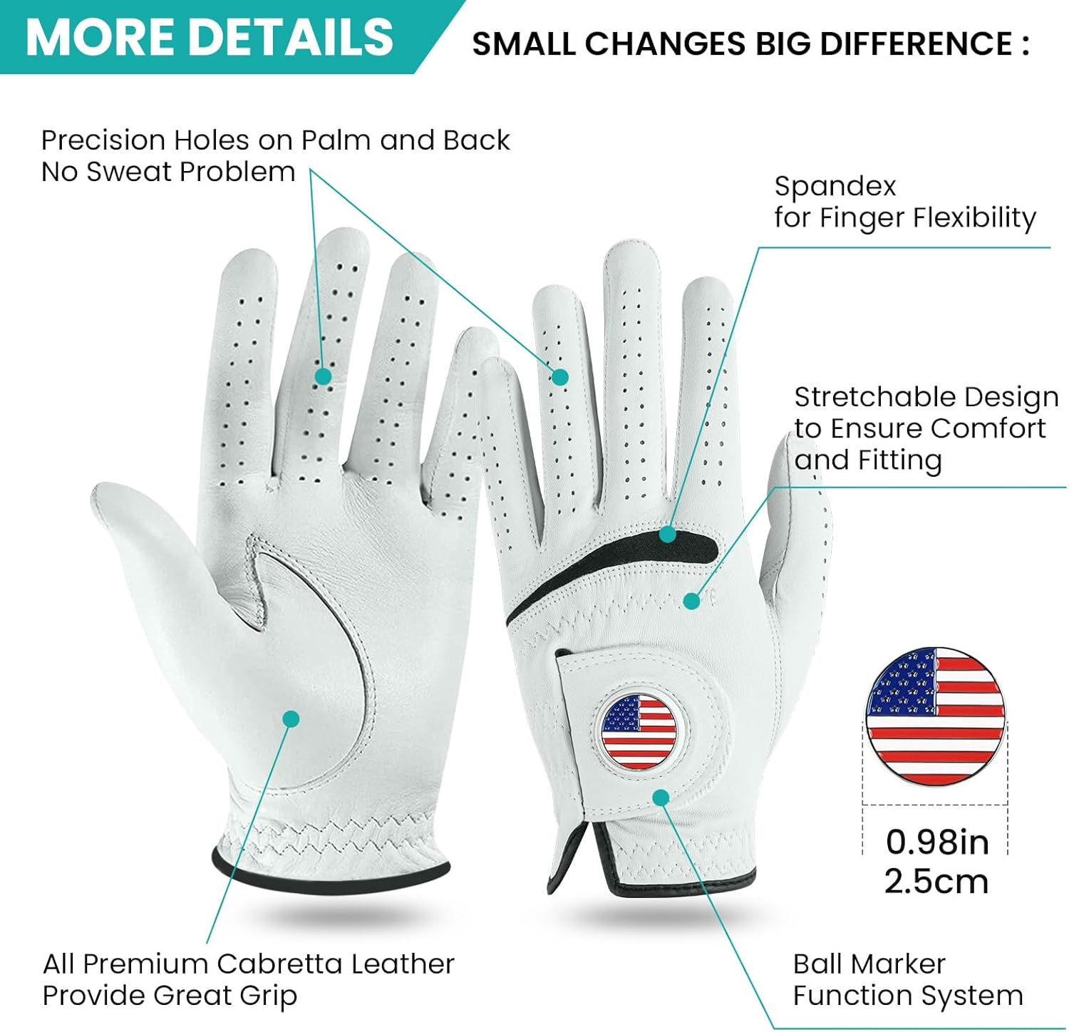 Cabretta Leather Golf Gloves for Men 1 Pack with Ball Marker, Soft and Premium Grip for Right Left Handed Golfer Left Right Hand, Comfortabe Fit in Sizes S to XXL - Image 2