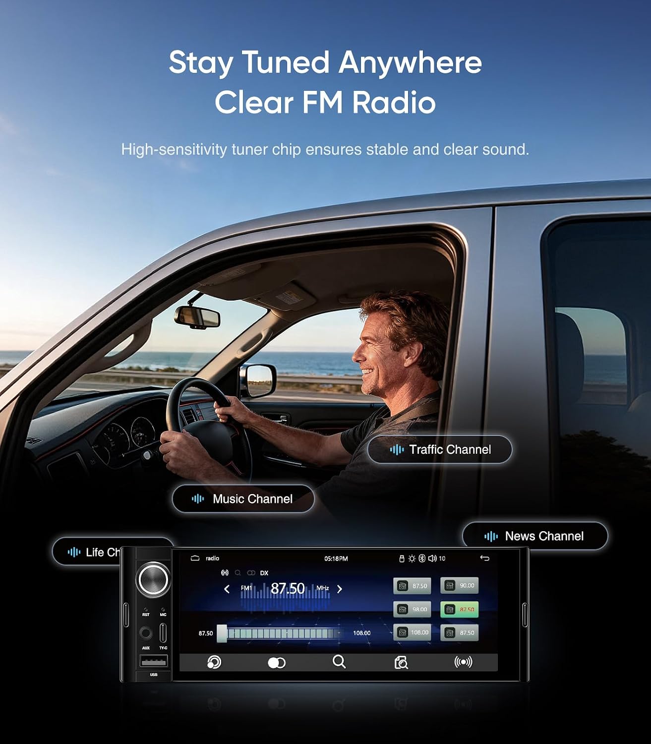 6.36" Single Din Car Stereo with CarPlay and Android Auto, Universal Old Car Touchscreen Radio Upgrade, with Bluetooth/Mirror Link/GPS/USB/Type-C/FM/SWC/EQ, Support Backup Camera