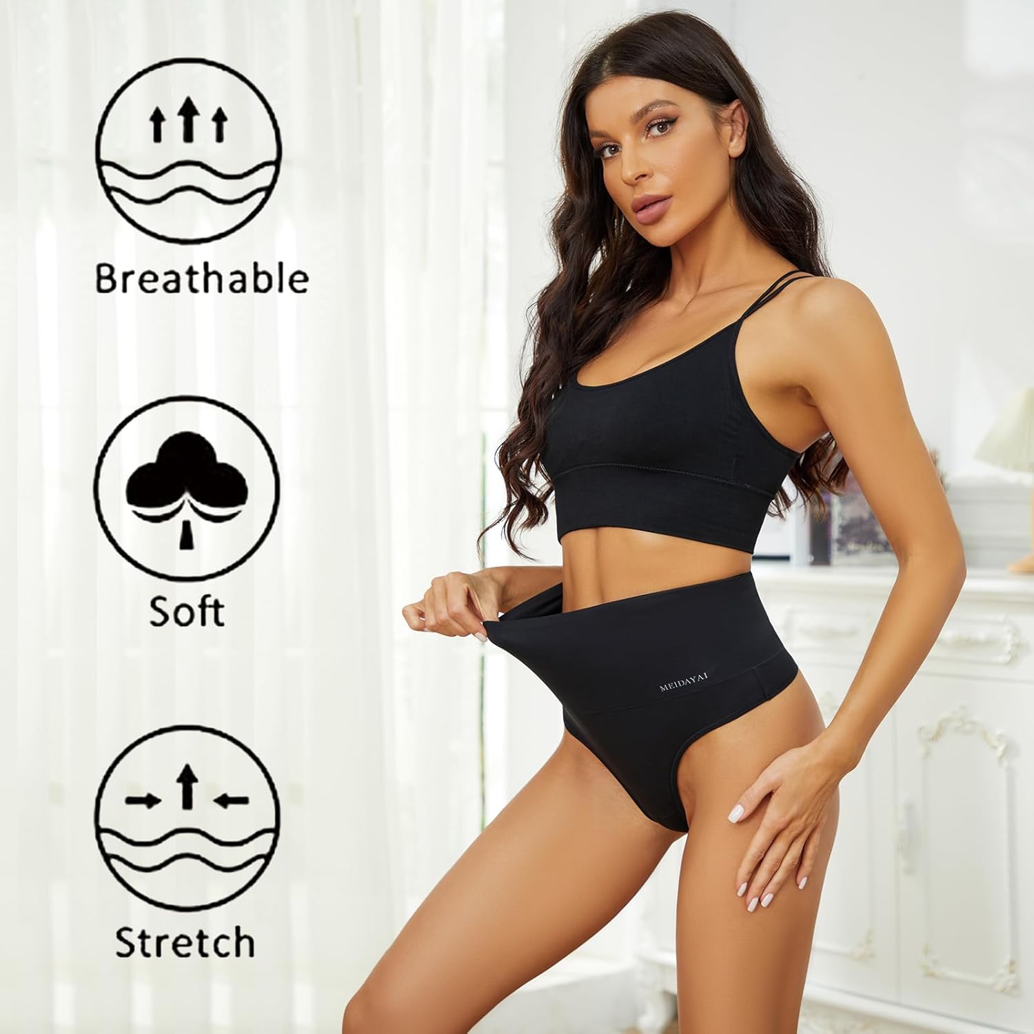 Thongs for Women High Waisted Tunmmy Control Underwear Soft Stretchy No Show High Rise Thong Panties 5 Pack - Image 3