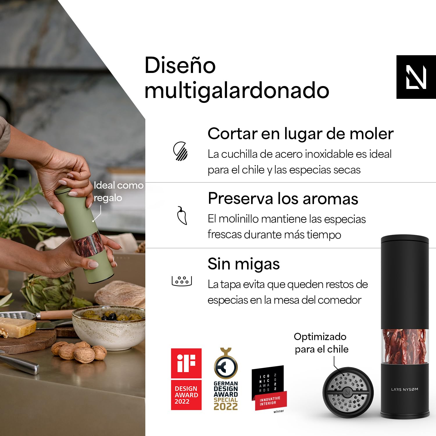LARS NYSØM Molinillo de Chili con Cuchilla de Acero Inoxidable I Cortador de Chili Premium I Molinillo de Especias de Diseño (Carbon Black)