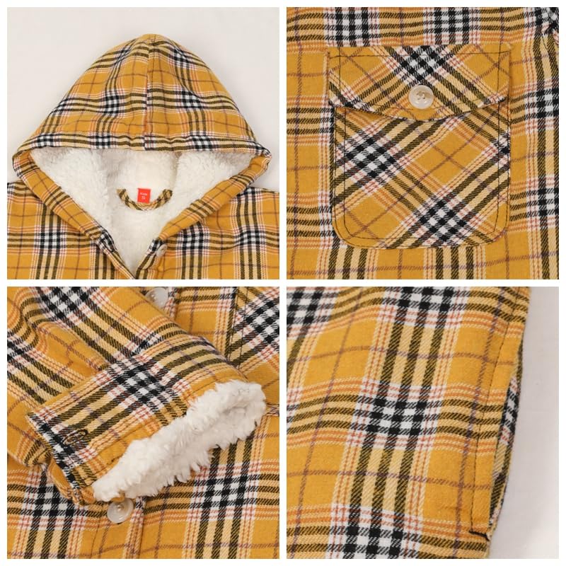 Image of ThCreasa Girls Sherpa Lined Plaid Button Hooded Jacket | Fully Interior Lined, Button Up, Flannel Outer, Family Photo Ready, School To Holiday Events, Fall Winter Shacket With Hood