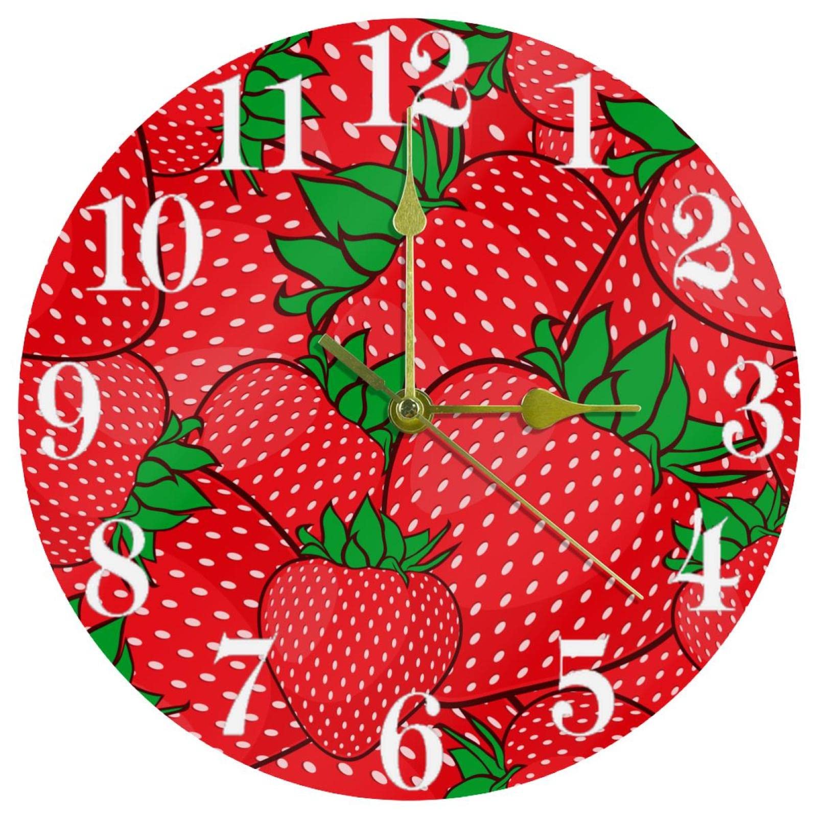 Horloge murale rouge fraises 25,4 cm ronde et silencieuse pour cuisine