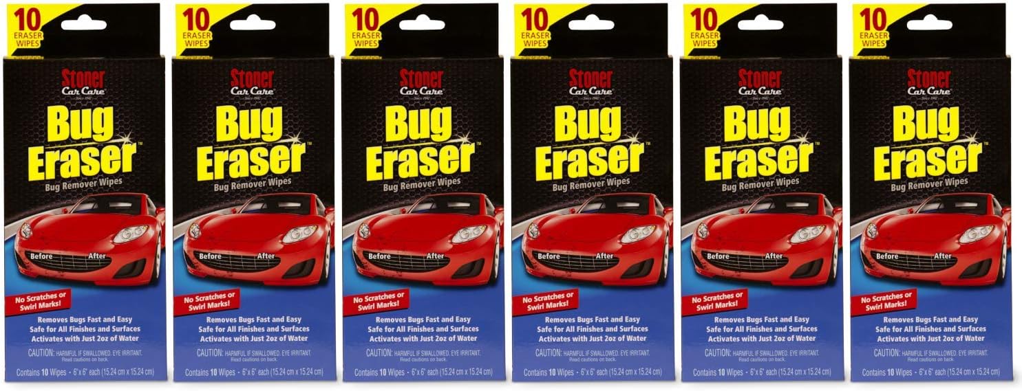 Stoner Car Care 95401-6PK Bug Eraser Car-Cleaning Wipes, Removes Bugs Fast and Easy, Safe for All Automotive Surfaces, 10 Eraser Wipes, Pack of 6