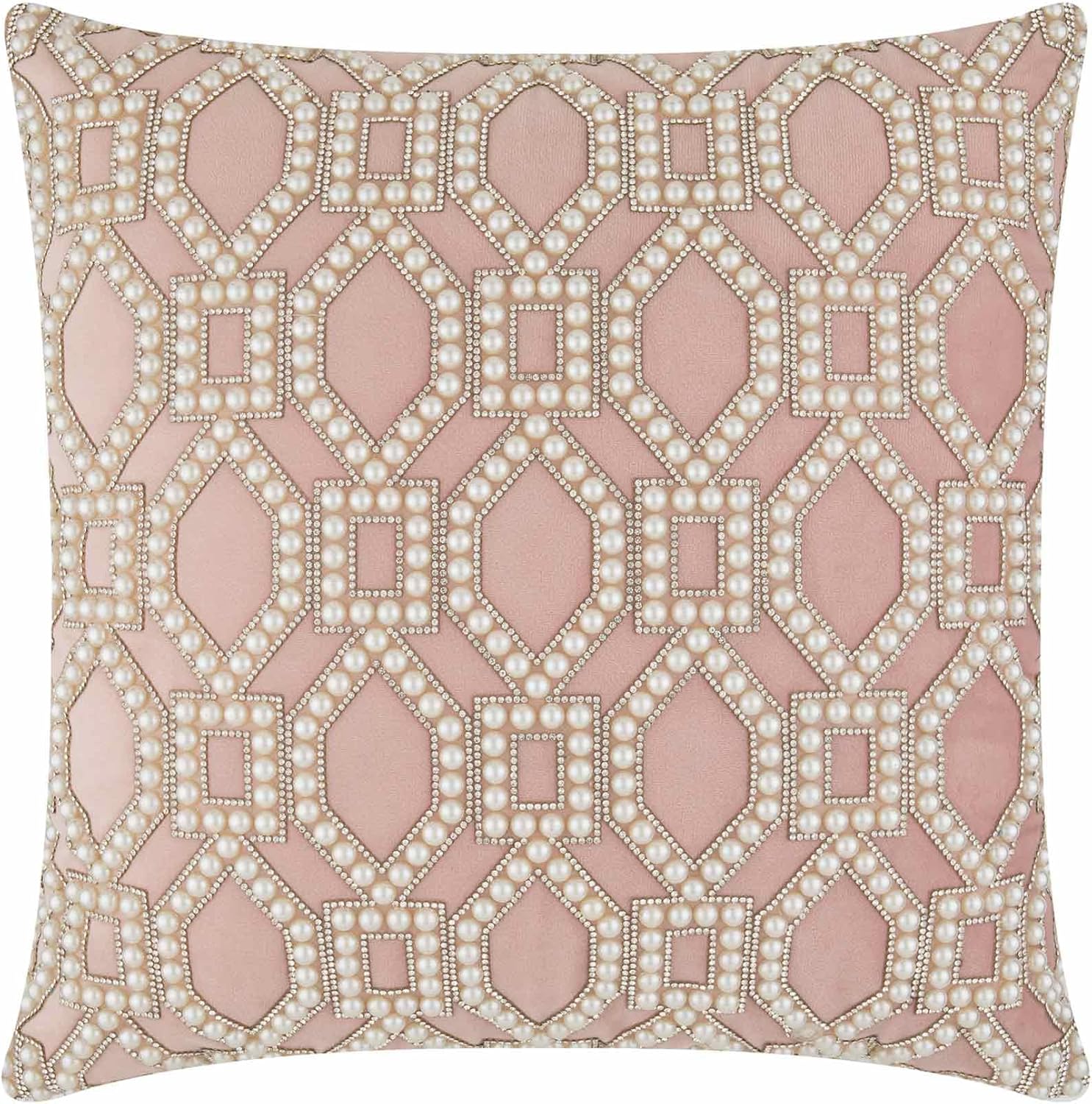 Pearl Lattice Pillow, Faux Pearls, Glass Rhinestones, Soft Velvet Backing, Plush Insert, for Dramatic Luxury Home Décor, Blush, 16" x 16", Sold Individually