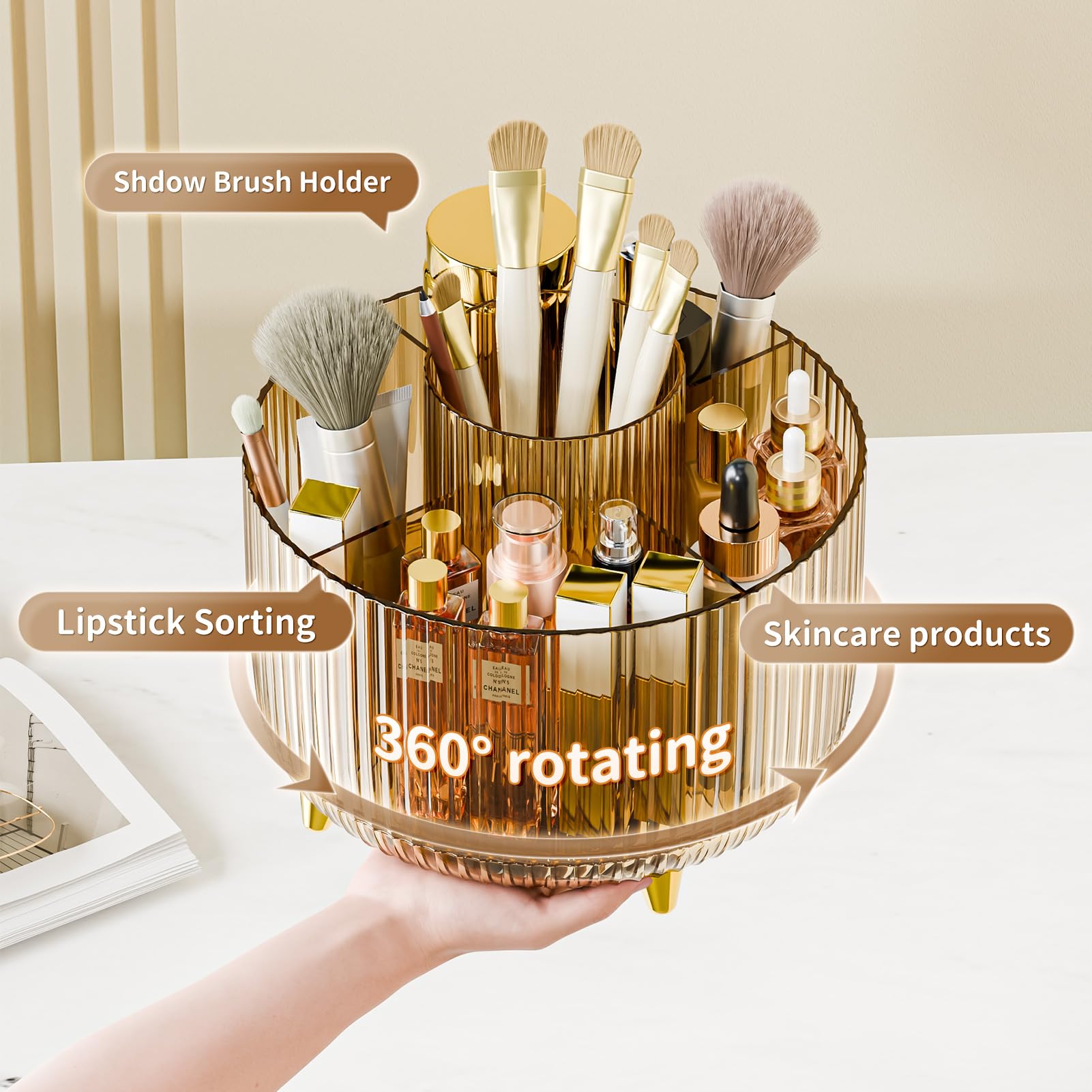 fanado 360° Rotating Makeup Organiser, Makeup Brush Holder, 5 Compartment Makeup and Skincare Storage for Vanity Desktop - Image 2