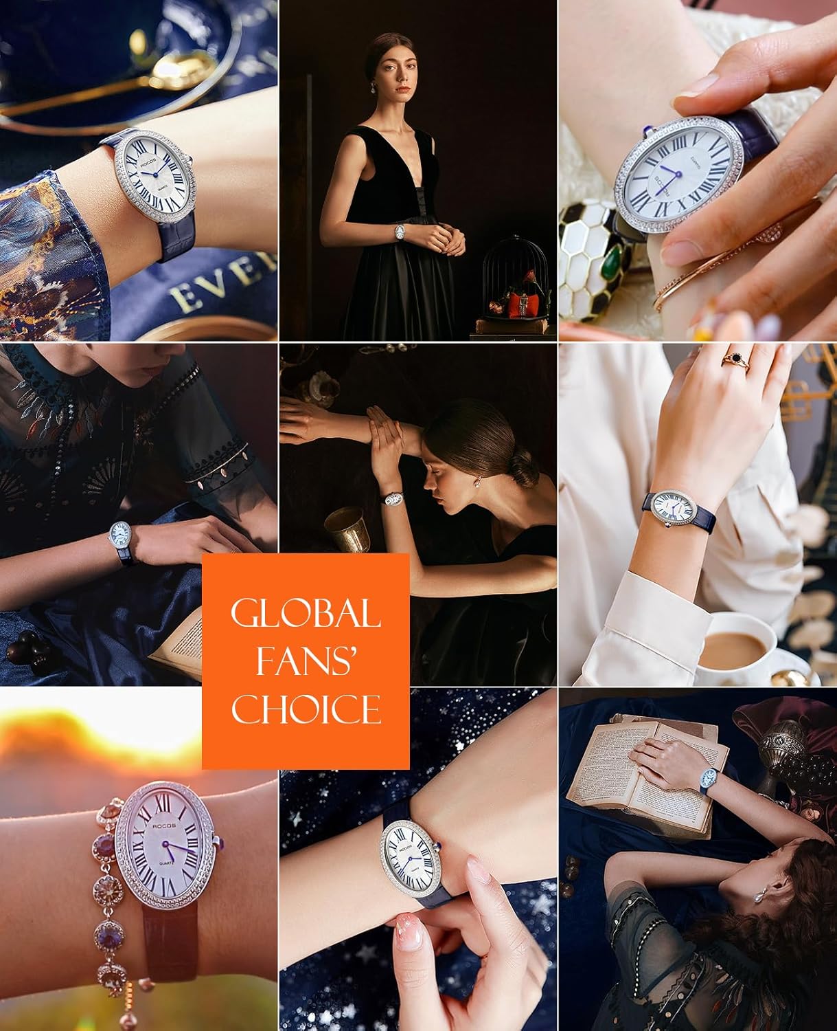 ROCOSJEWE Vintage Ladies Watches - Japanese Quartz Analog with Leather Strap, Fashionable Lightweight Waterproof Oval Womens Watches with Diamond Retro Dress Wristwatch RW0254