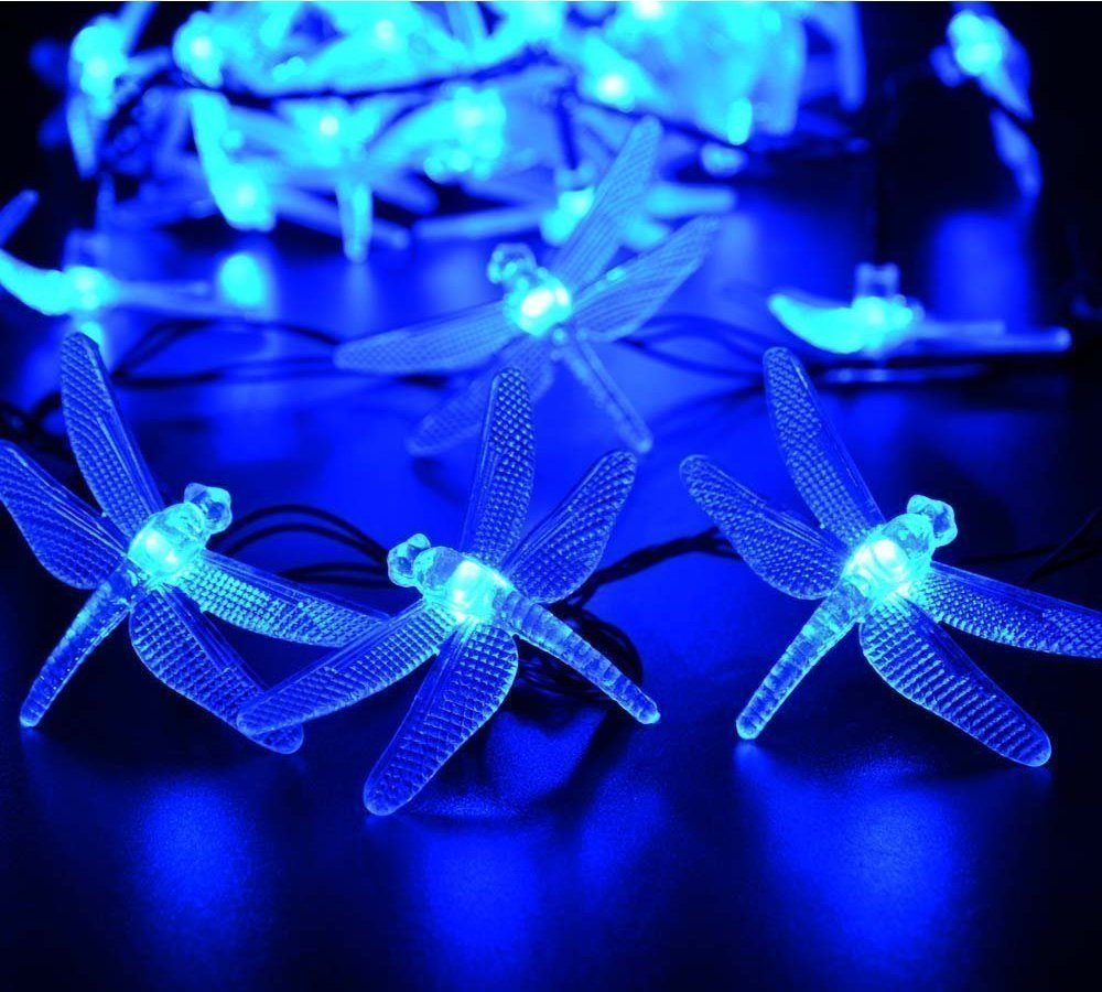 Dragonfly Solar String Lights Outdoor, DINOWIN 20ft 30 LED Waterproof Fairy Lights Decorative Lighting for Indoor/Outdoor Home Garden Lawn Fence Patio Party and Holiday Decorations (Blue) - Image 2