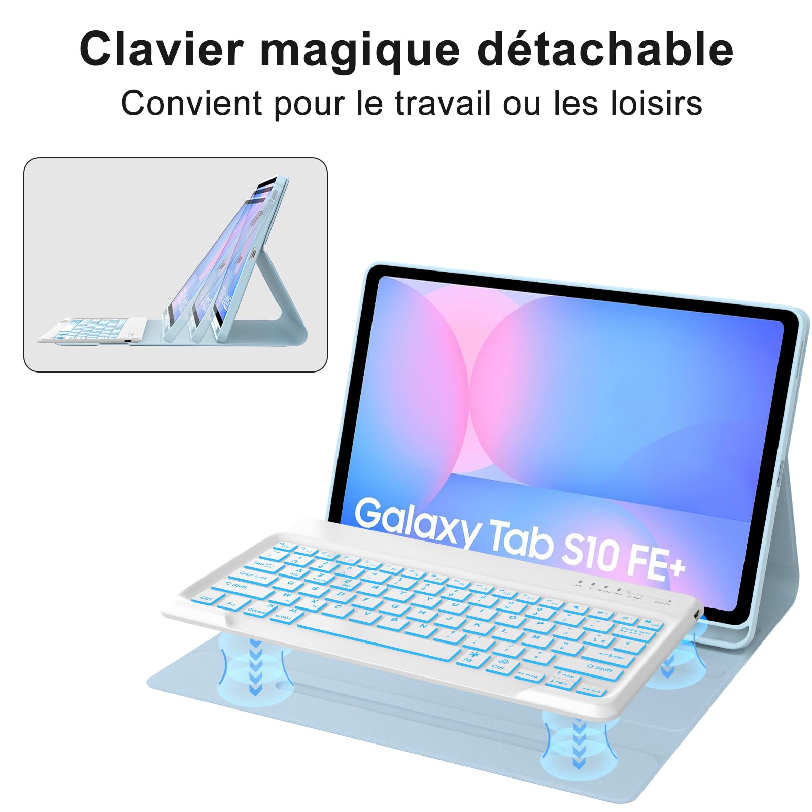 Coque Clavier pour Samsung Galaxy Tab S10 FE+ 13.1" 2025 - AZERTY Français Rétroéclairé Clavier Détachable sans Fil Bluetooth, Étui avec S-Pen fente pour stylo pour Tab S10 FE Plus, Bleu clair