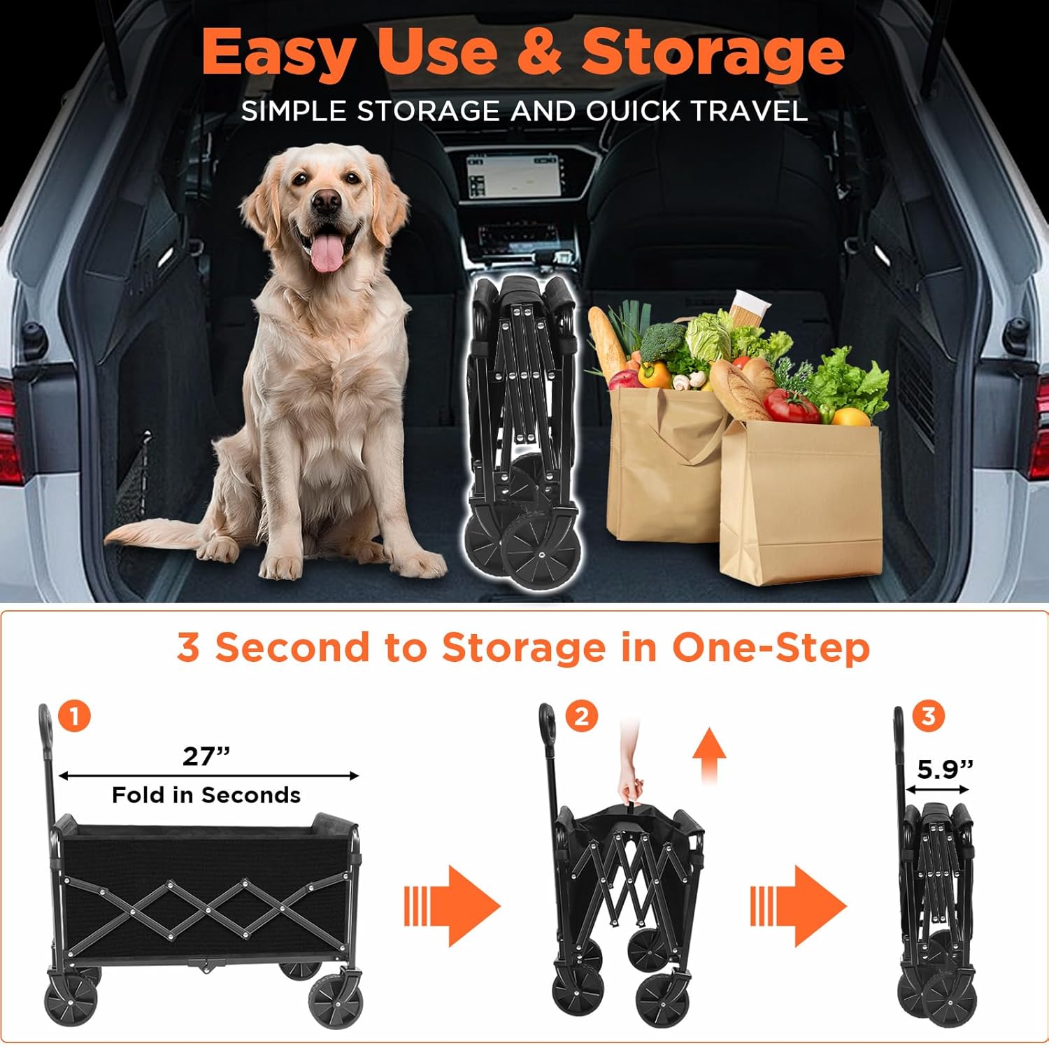 Wagons Carts Foldable, Collapsible Folding Wagon, Portable Folding Wagon Cart with Wheels, Outdoor Utility Carts for Groceries, Camping, Sports, Shopping, Black