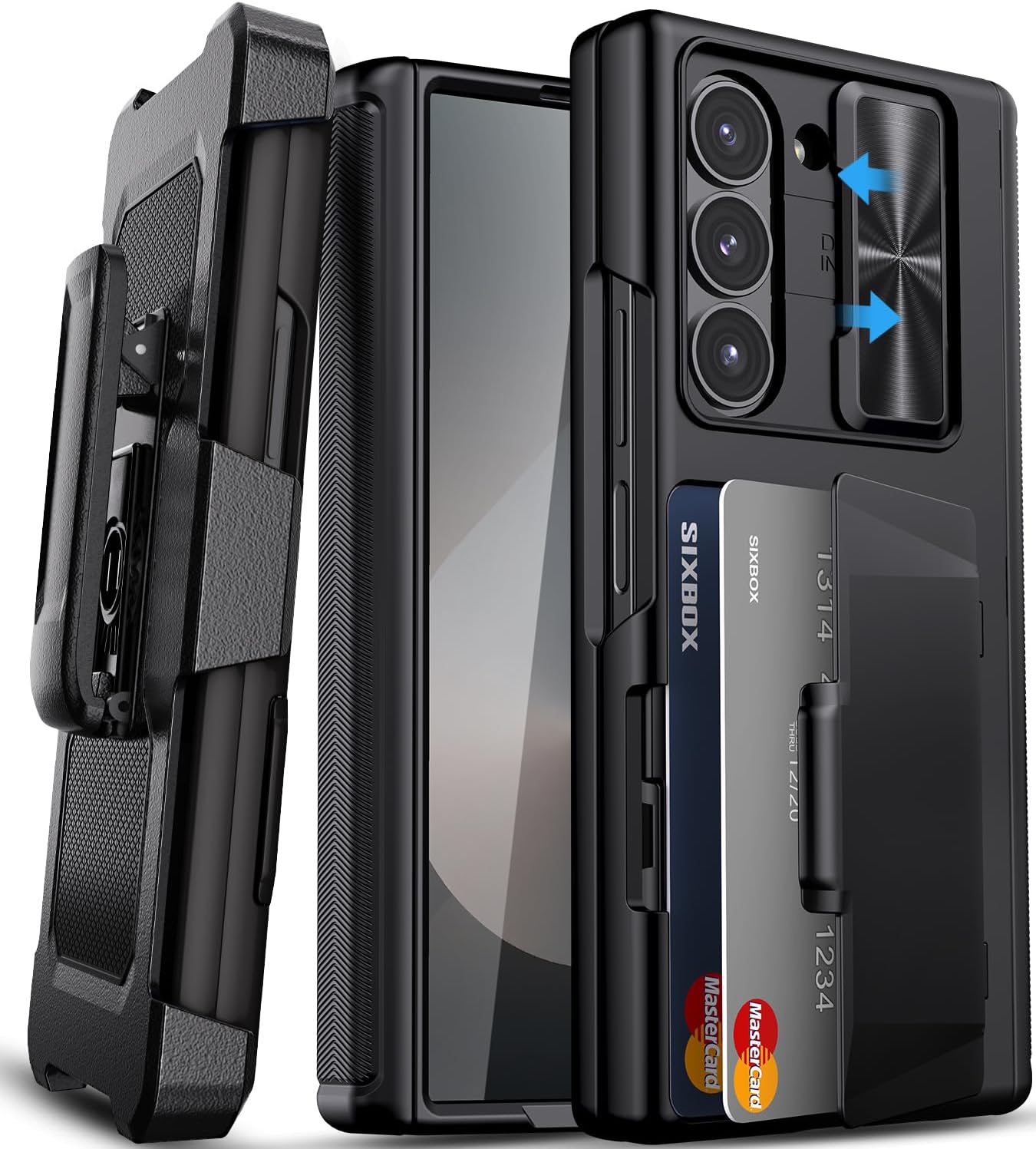 for Samsung Galaxy Z Fold 6 Case with Card Holder & Belt Clip & Slide Camera Cover, Built-in Hinge Protection & Screen Protector, Durable Wallet Phone Cover Case for Galaxy Z Fold 6 2024, Black