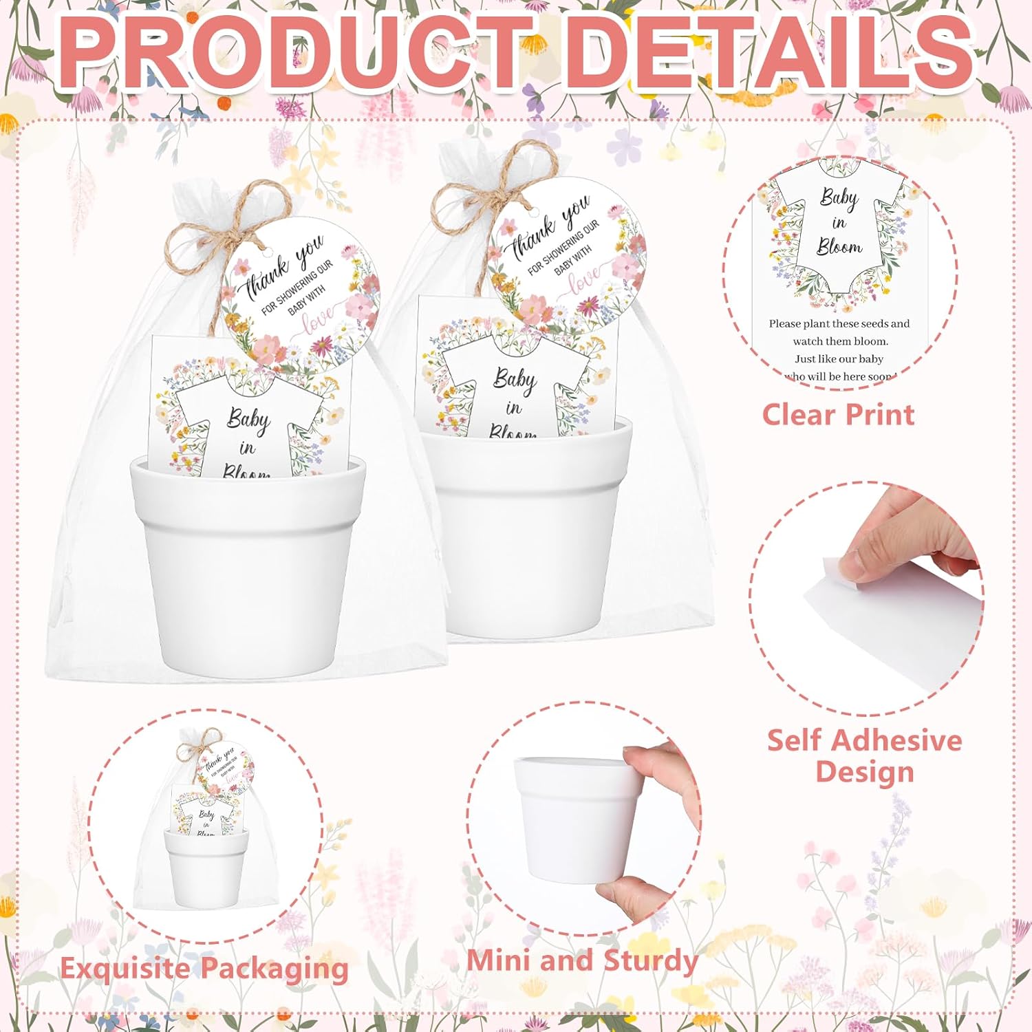 36 Sets Baby in Bloom Seed Packets Bulk Mini Plastic Flower Pots Kraft Wildflowers Envelopes with Thank You Tags Organza Bags Baby Shower Party Favors Gender Reveal for Guests(No Seed)