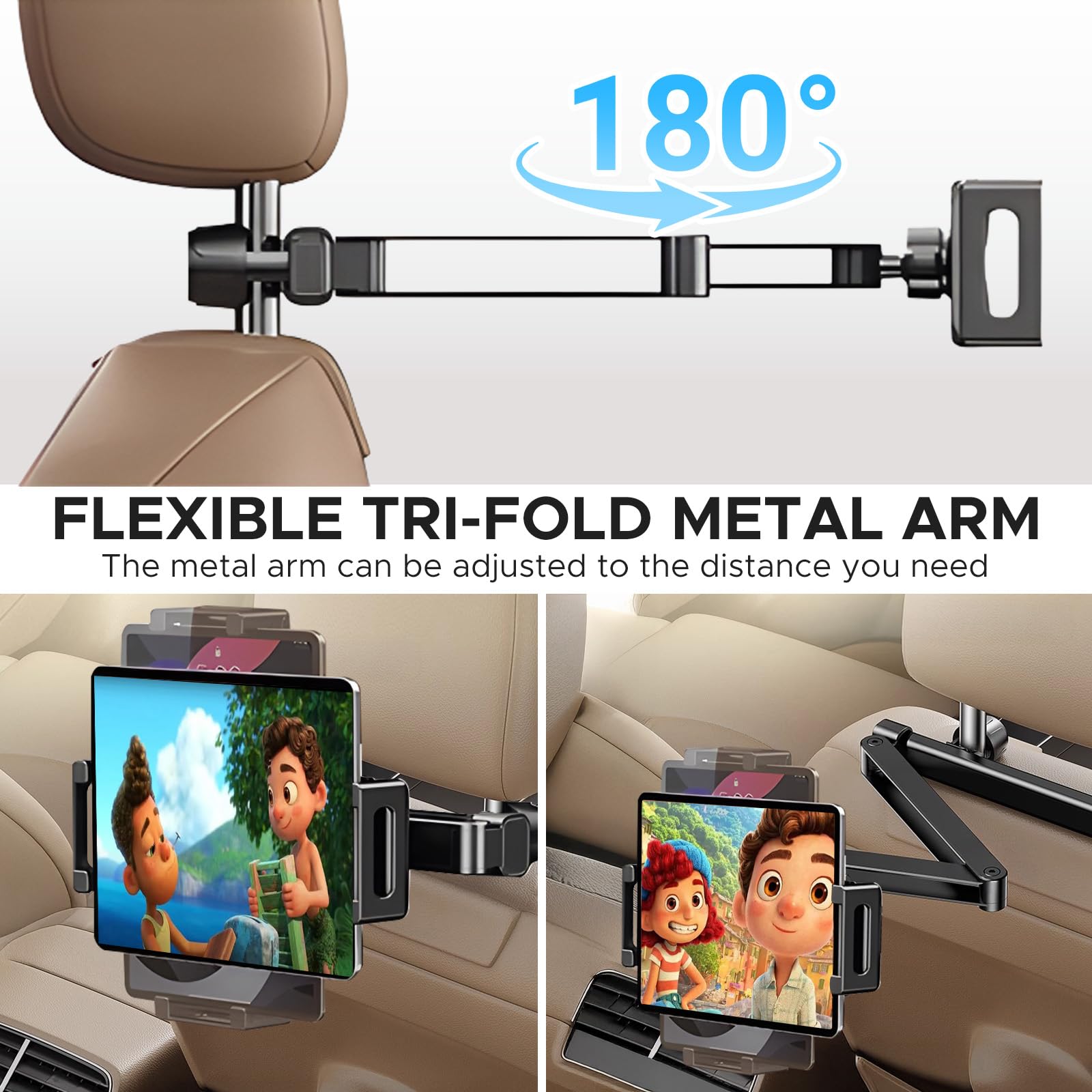 Supporto Tablet Poggiatesta Auto, Estensibile Supporto per Tablet, 3 in 1 Estensibile, 27CM Braccio Ultra-Lungo, Braccio Metallo, Clip Silicone Ampia, 360° Rotazione, per iPad/Switch/Phone
