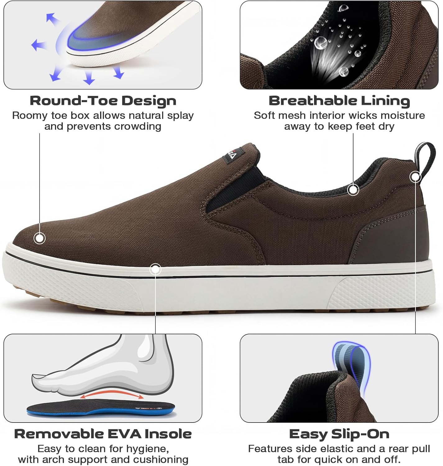 HISEA Men's Deck Shoes, Waterproof Rain Boots Slip-On Canvas Loafers, Fashion Sneaker Low Top Casual Work Shoes with Non-Slip Rubber Sole for Fishing Gardening Commuting Kitchen and Yard Work