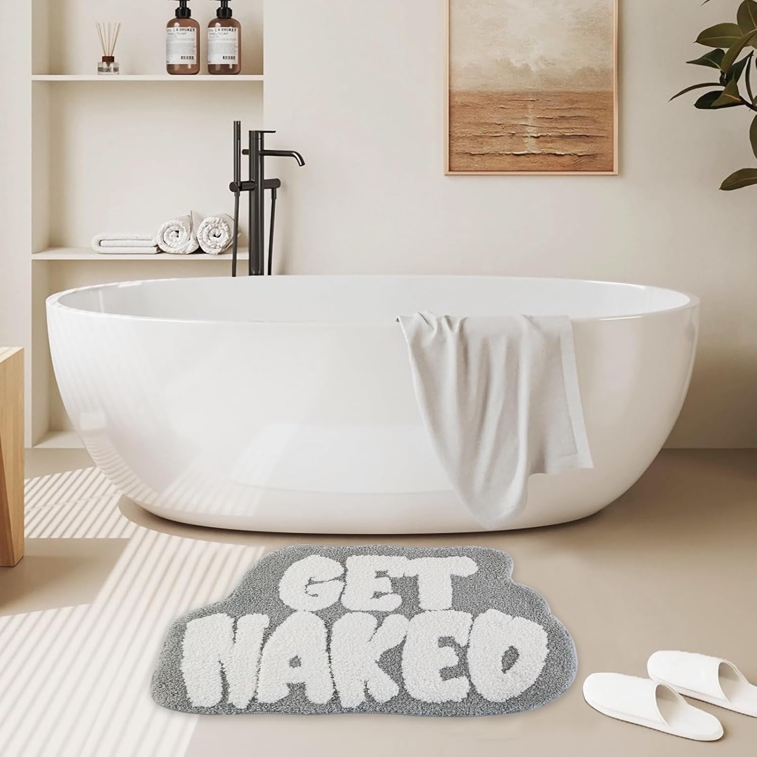 Get Naked Bath Mat, Cute Bath Rugs for Bathroom Mat, rregular Non Slip Shower Floor MatUltra Soft Mat Funny Bathroom Decor (Grey)
