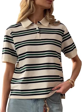 Cioatin Women Y2K Striped Colorblock Button Up Polo T-Shirt Short Sleeve Loose Fit Preppy Aesthetic Tee Tops Summer Outfits