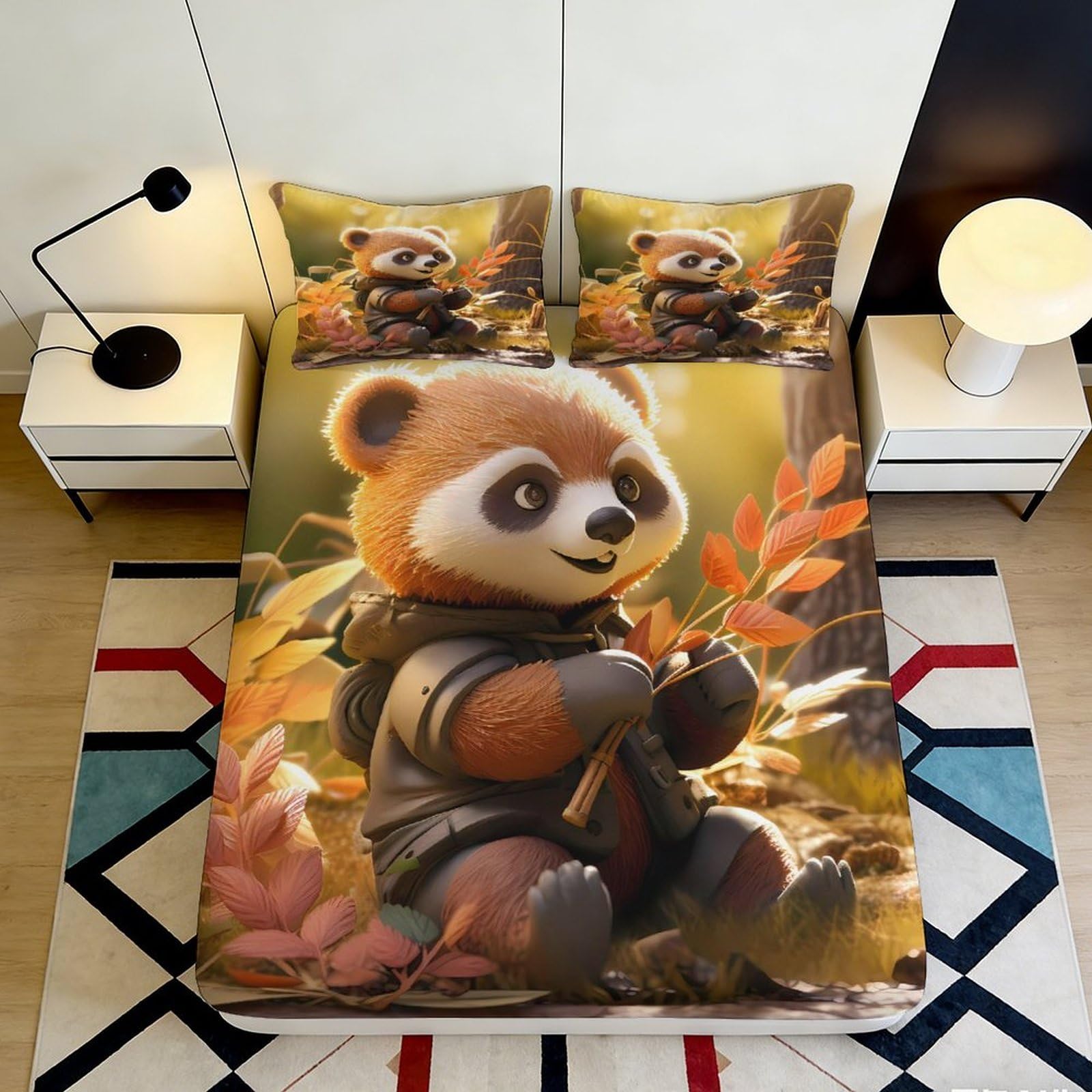 Uynsixtme Style-3 3D Printed Cute Panda Fitted Sheet Microfiber Deep Pocket Non-Slip Bedroom Bedding Panda Mattress Fitted Cover Washable 140X200x25cm