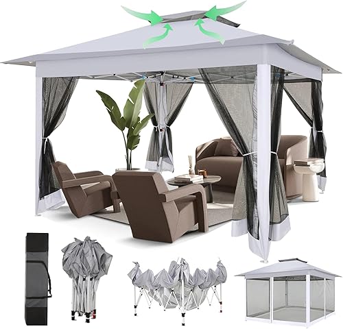 Miniatura 23 de COBIZI - Tienda desplegable de 3,66 x 3,66 metros en oferta - Cenador portátil de metal para exteriores con mosquitero, impermeable - Cenador Caqui