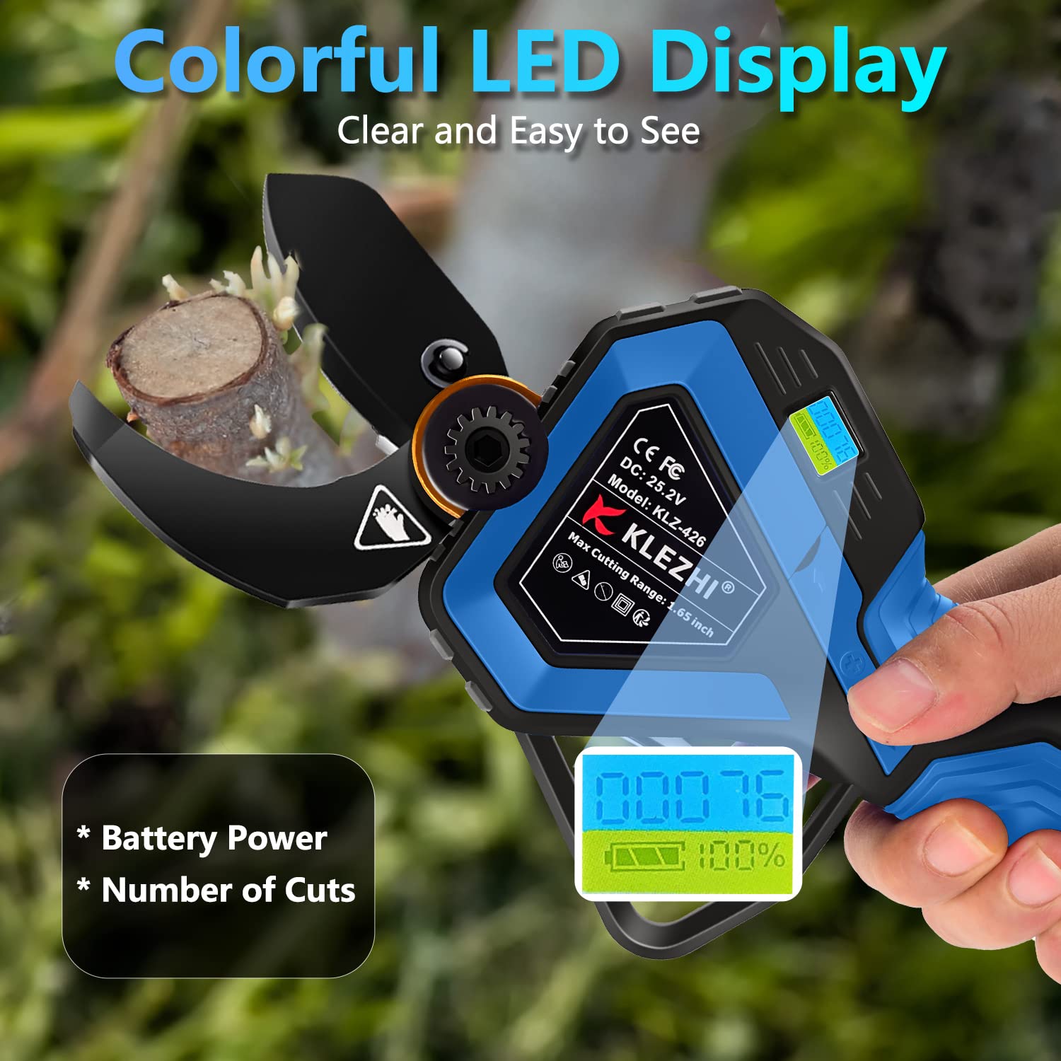 Forbici Potatura Elettriche 42mm con LED Display, 1000W Elettriche per Potatura Professionali, 2PCS 25.2V 2Ah Batteria Ricaricabile al Litio - Nero