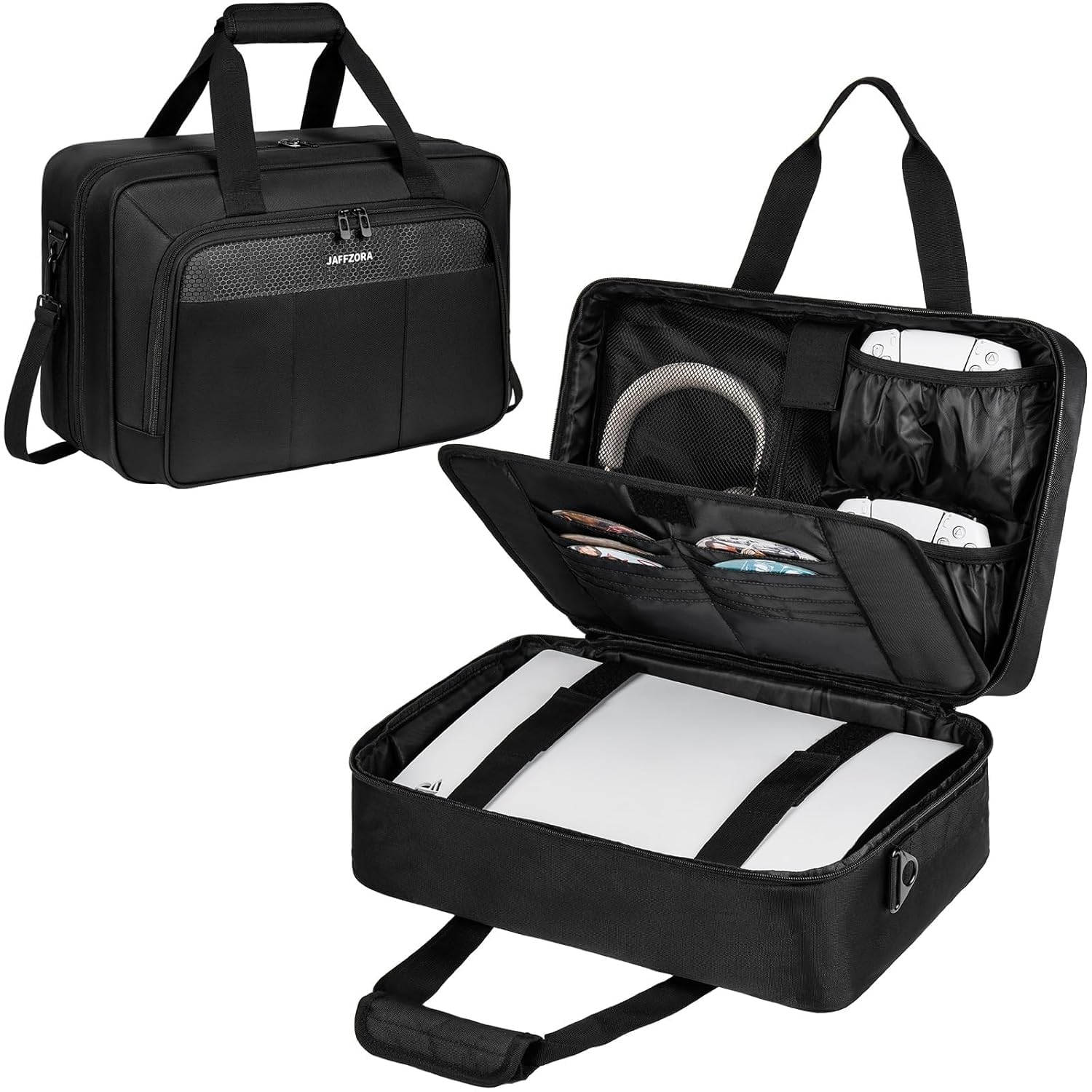 Tragetasche für PS5 PRO/PS5/PS5 Slim, Reise-Schutztasche passend für PlayStation 5 Konsole, Controller, Spiele-Discs und Gaming-Zubehör, Schwarz, Taschen-Organizer