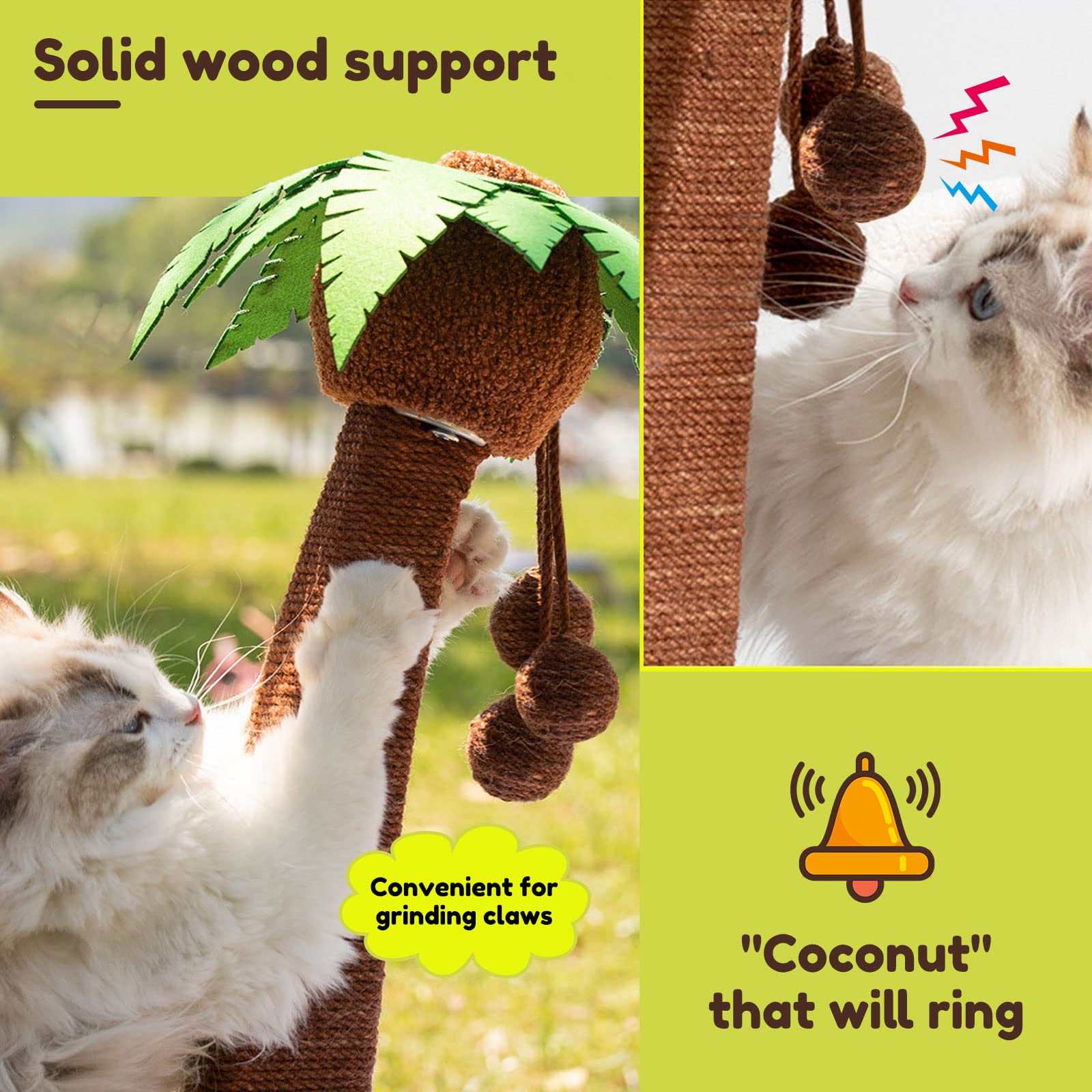 Coconut Tree Cat Scratching Posts Hammock - Durable Cat Climbing Frame Natural Sisal Scratching Posts with Dangling Ball,Easy to Assemble,Suitable for Scratch,Relax,Play